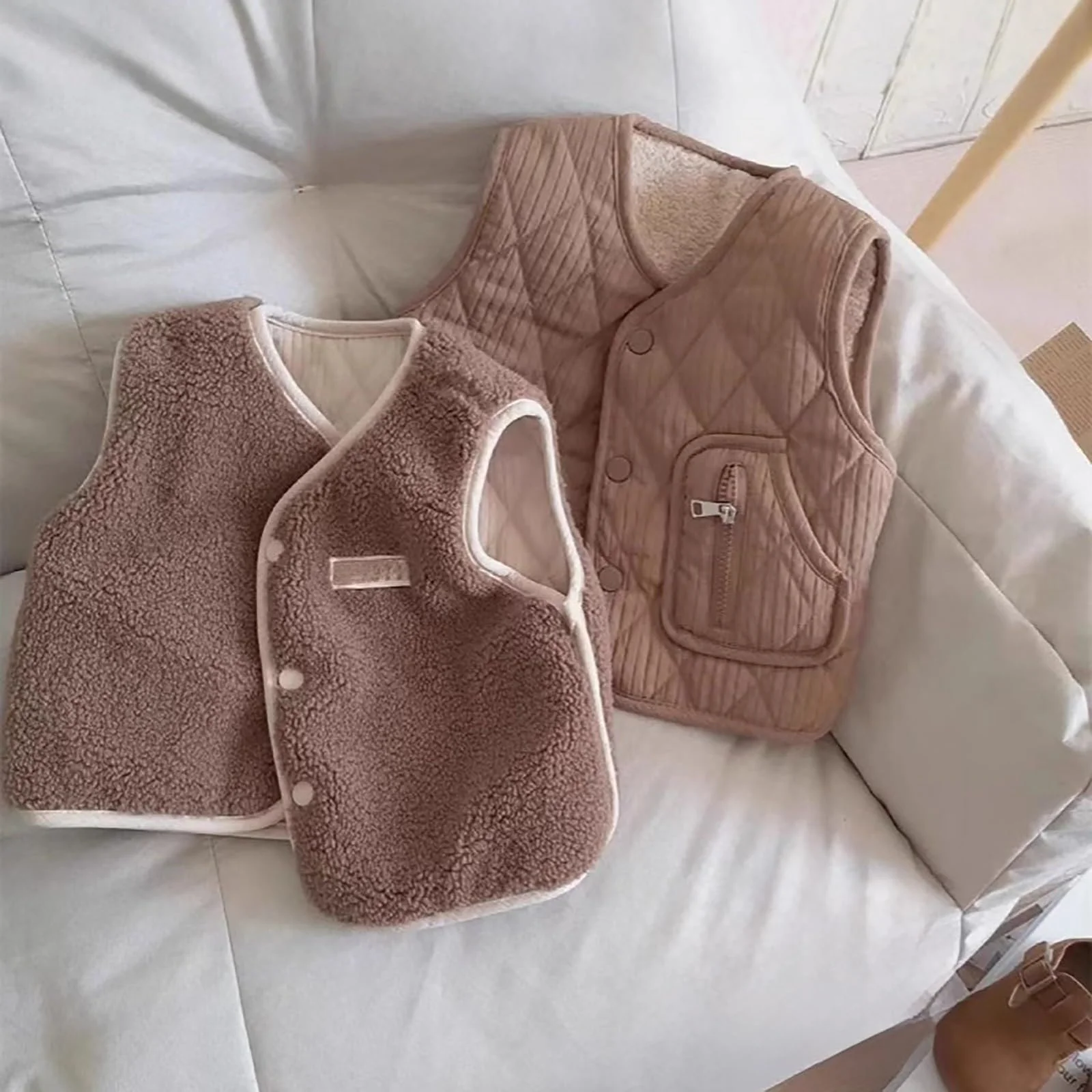 Жилет стеганый детский Однотонный Флисовый жилет Повседневный Без рукавов Переходной жилет на пуговицах с карманами Теплый Зимний жилет Легкий жилет для верховой езды, фото №5