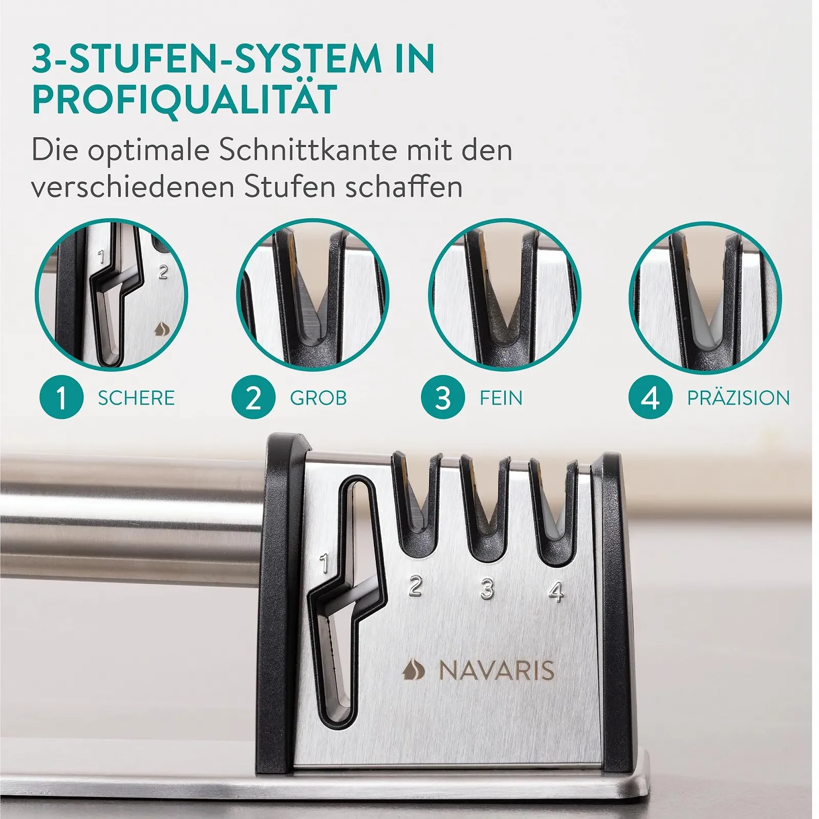 Точилка для ножів та ножиць Navaris Professional 3-ступінчаста нержавіюча сталь, фото №3 Точилка для ножів та ножиць Navaris Professional 3-ступінчаста нержавіюча сталь, фото №3