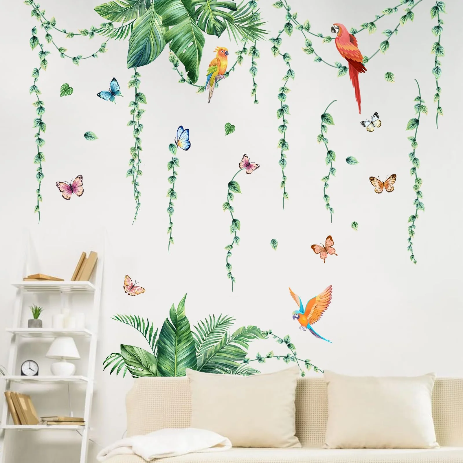 Наклейка на стіну Tropical Leaves Plant Hanging Vines Green Palm Leaves Birds Зелений, фото №7