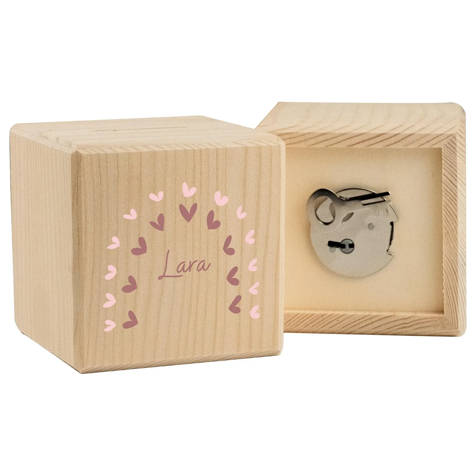 Копилка LARIFEE Rainbow Hearts кубическая деревянная с замком и ключом, фото №1