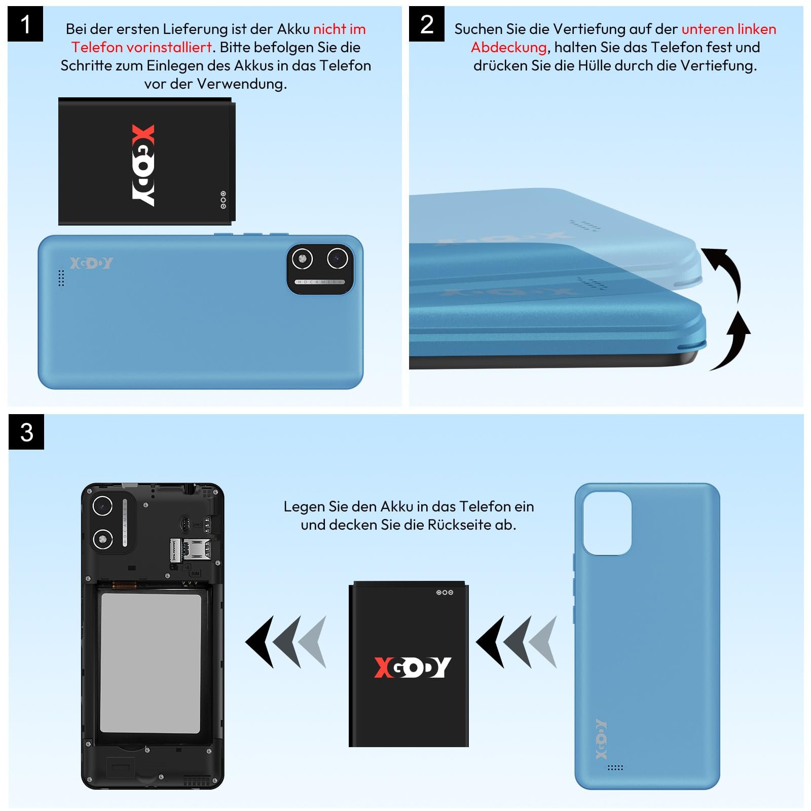 Смартфон XGODY X32 5,5" 2GB + 16GB Octa-Core Android 14 Go 4G Dual SIM 8MP + 5MP 2850 мАч Face ID GPS Синий, фото №9