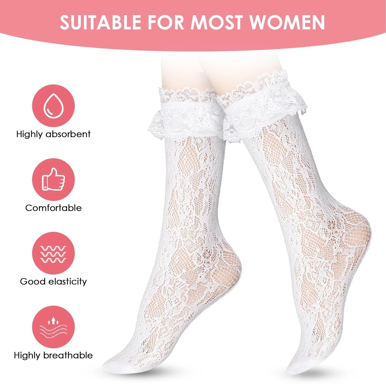 Женские носки с кружевом и рюшами Black + White, чёрный, белый, One size fits all, фото №3