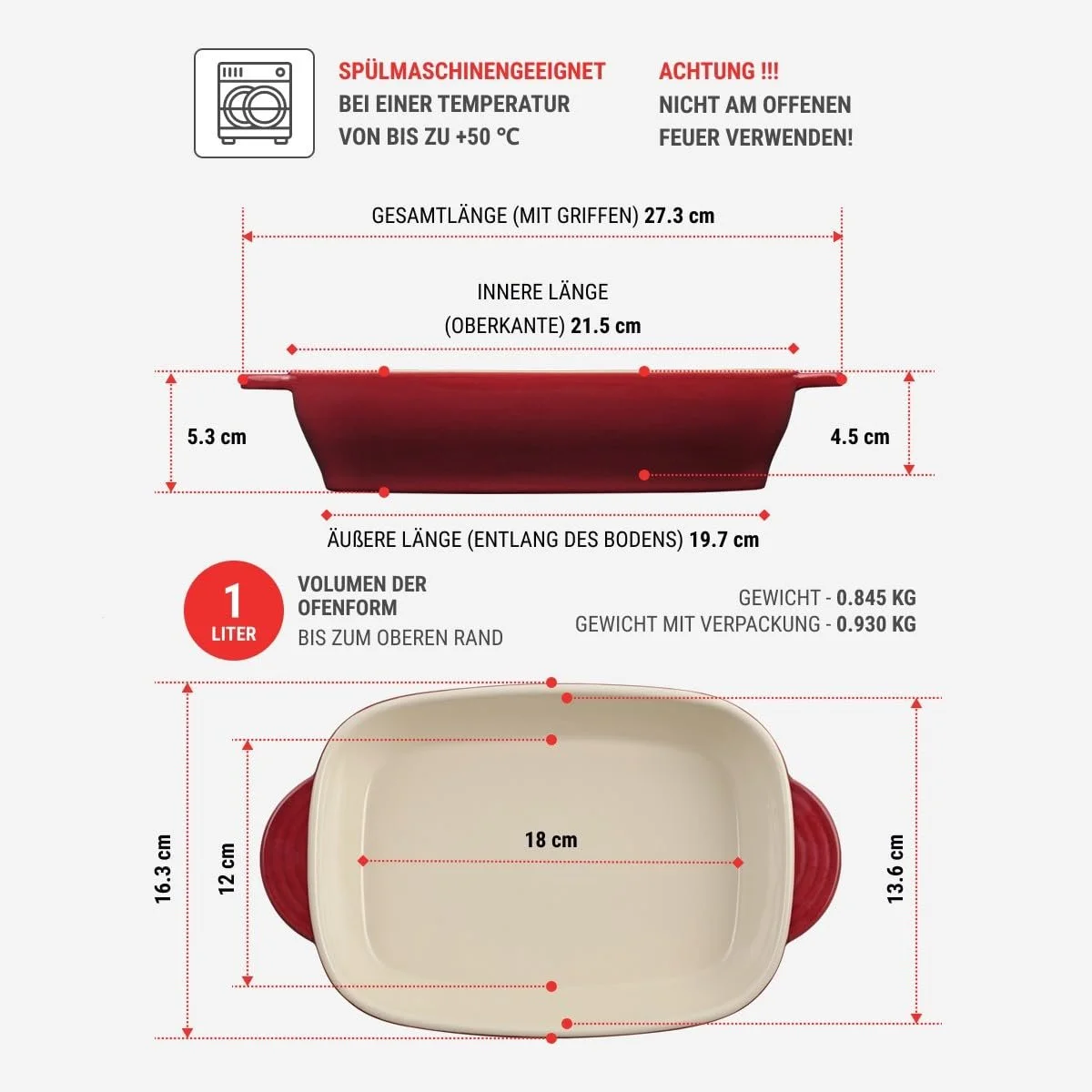 Форма для запекания керамическая прямоугольная Красная 1 л 183 x 122 x 45 мм, фото №3 Форма для запекания керамическая прямоугольная Красная 1 л 183 x 122 x 45 мм, фото №3