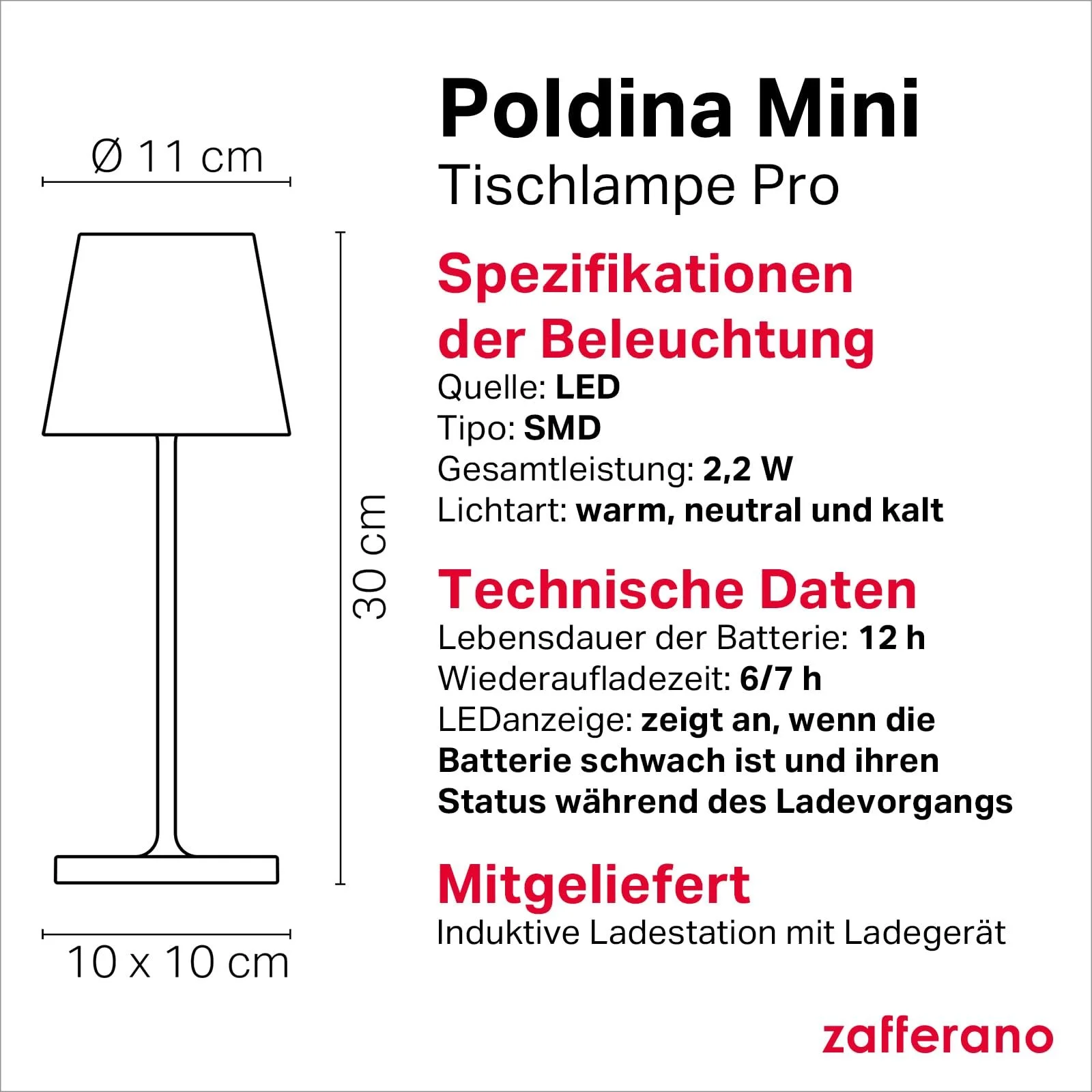 Настільна лампа Zafferano Poldina Pro Mini Wireless Rechargeable Touch Dimmer 2200-3000 К 30 см Темно-сіра, фото №4