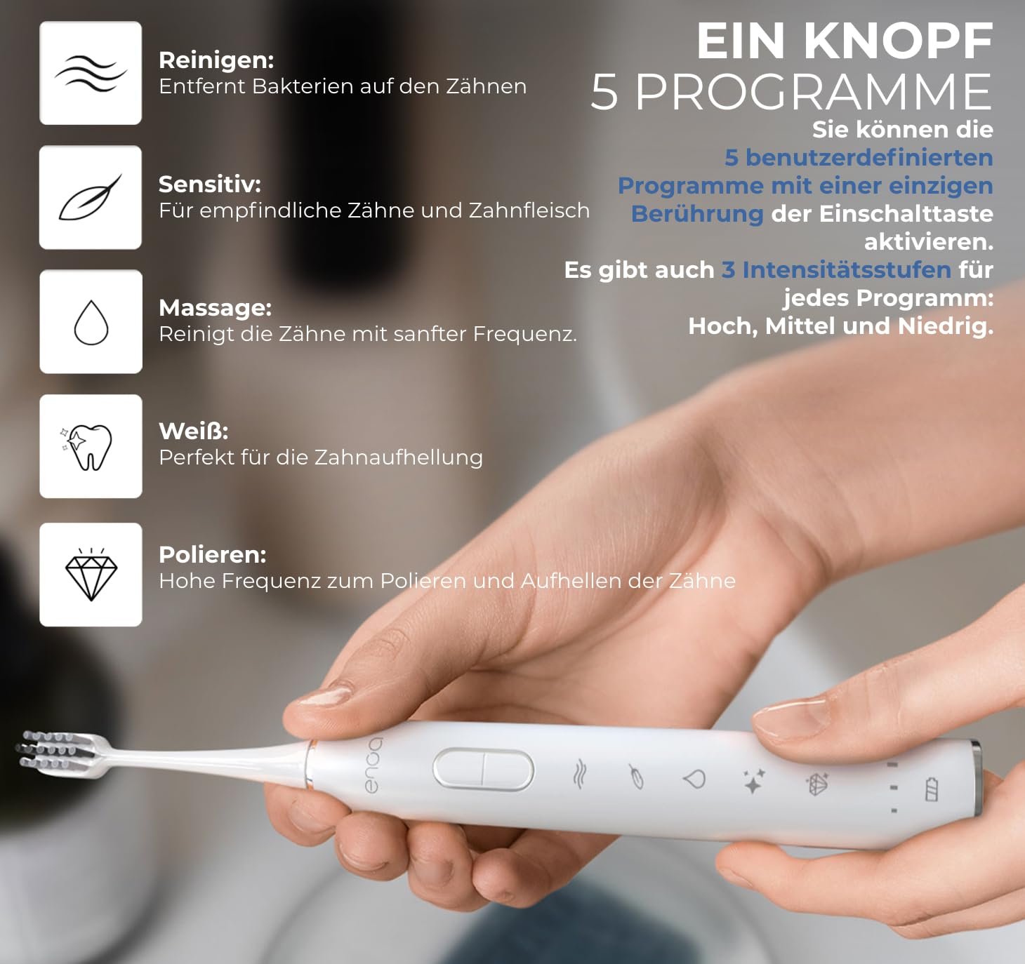 Акумуляторна звукова зубна щітка ENOA 5 програм 3 рівні інтенсивності IPX7 5 насадок, фото №4