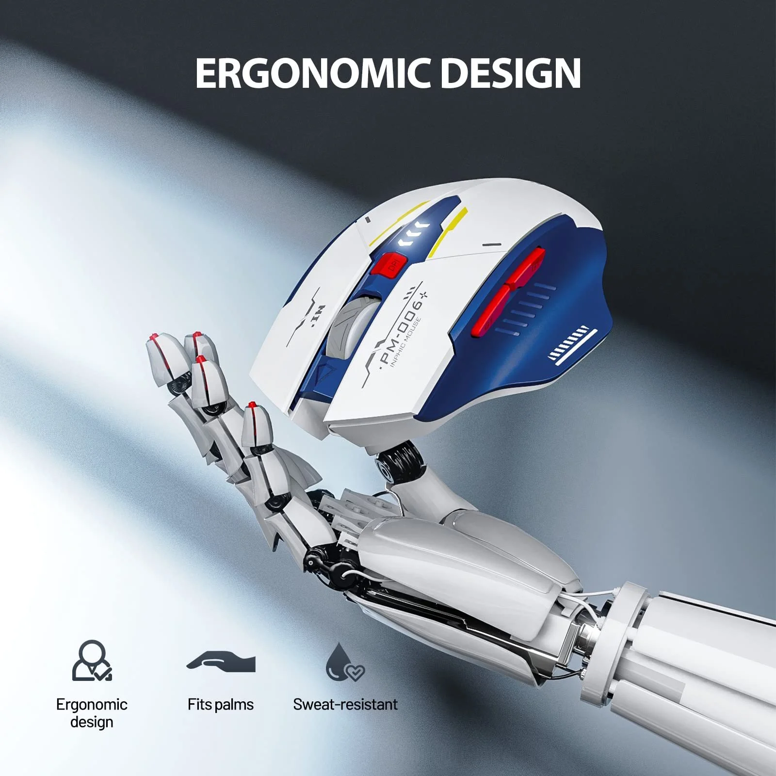 Мышь Беспроводная Inphic Mecha Style Перезаряжаемая 2.4G USB Белая и Синяя, фото №4