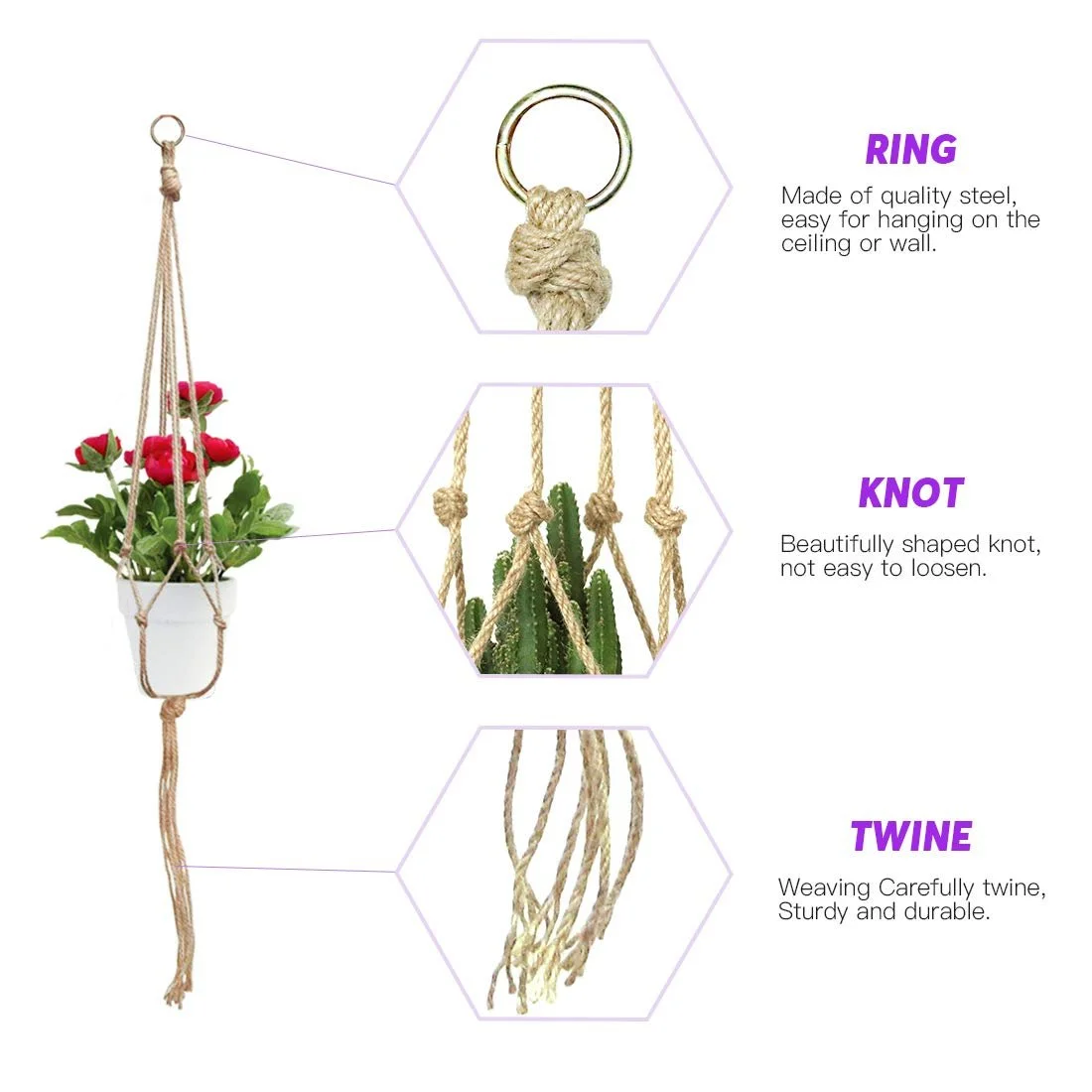 Подвесное кашпо макраме Swpeet 6 шт. Натуральный, фото №4