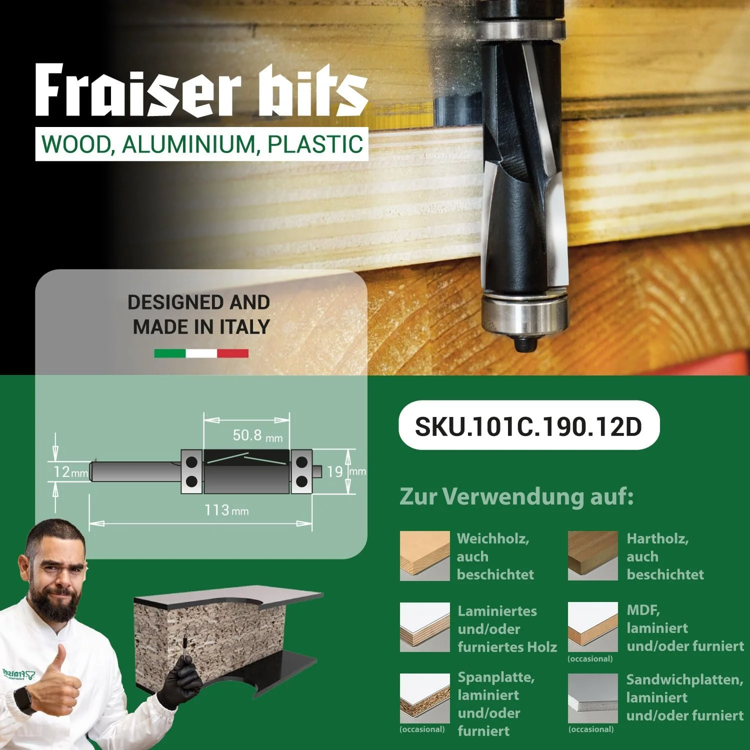 Фреза Fraiser 101C.190.12D с подшипником 12 мм для дерева Черный, фото №5