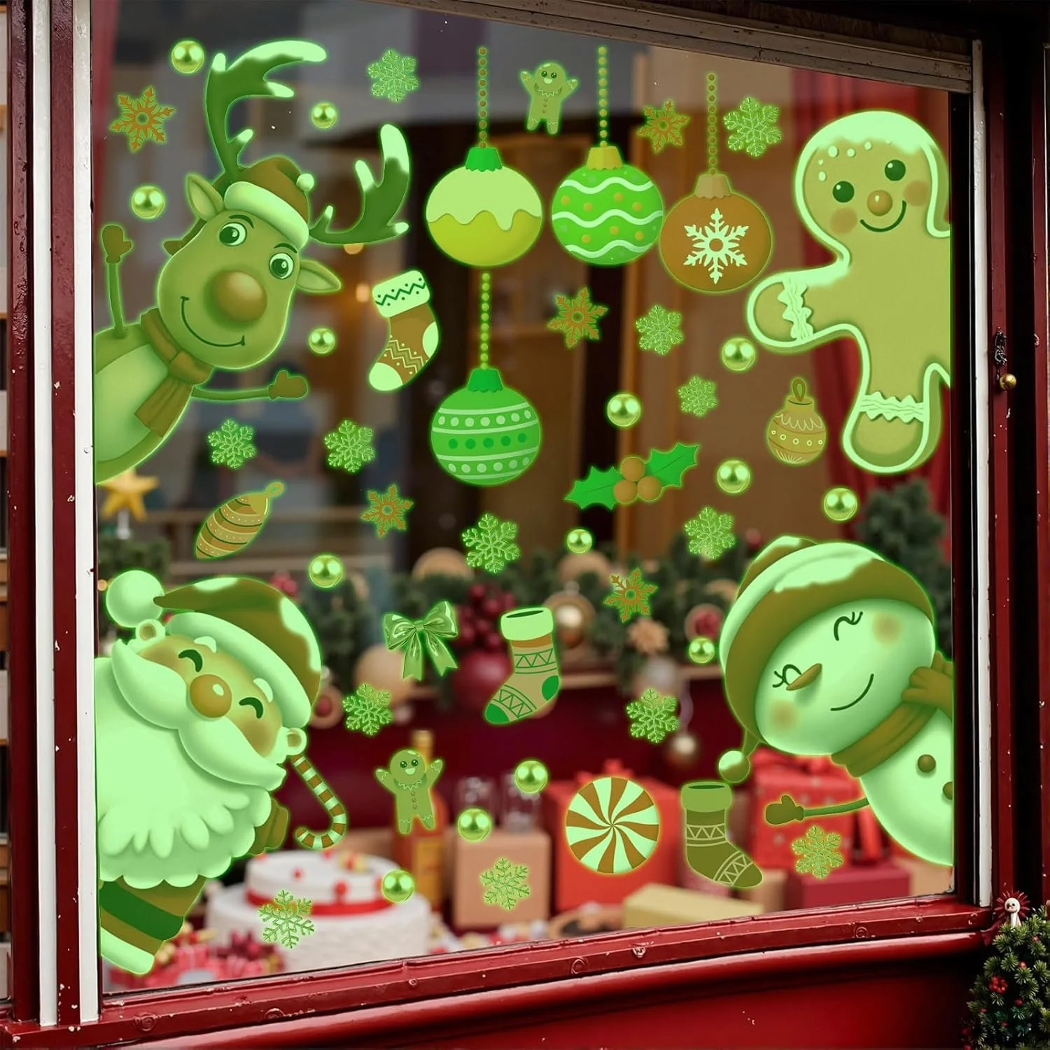 Наклейка на стену Рождественское оконное украшение Luminous Snowman Santa Claus Reindeer Snowflakes, фото №2