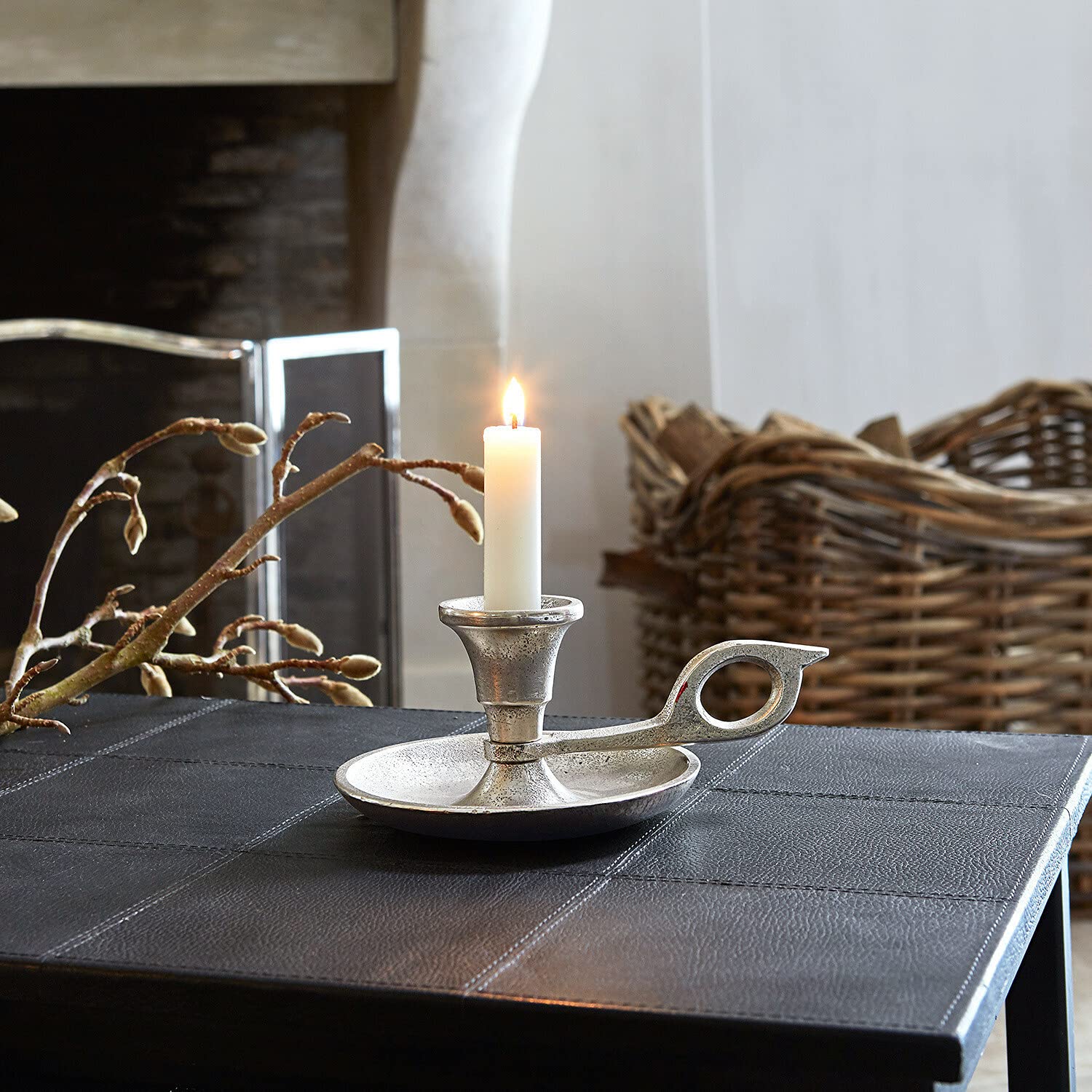 Подсвечник Loberon Classic Style Aida с поддоном и ручкой для конусных свечей литой алюминий антикварное серебро, фото №3
