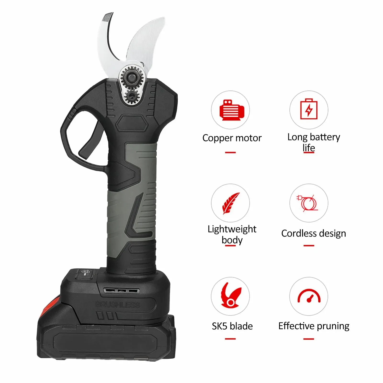 Портативні електричні секатори 21V з сумкою для перенесення, акумуляторною літієвою батареєю 2000mAh та зарядним пристроєм, кущоріз, секатори, діаметр різання 30мм, фото №3