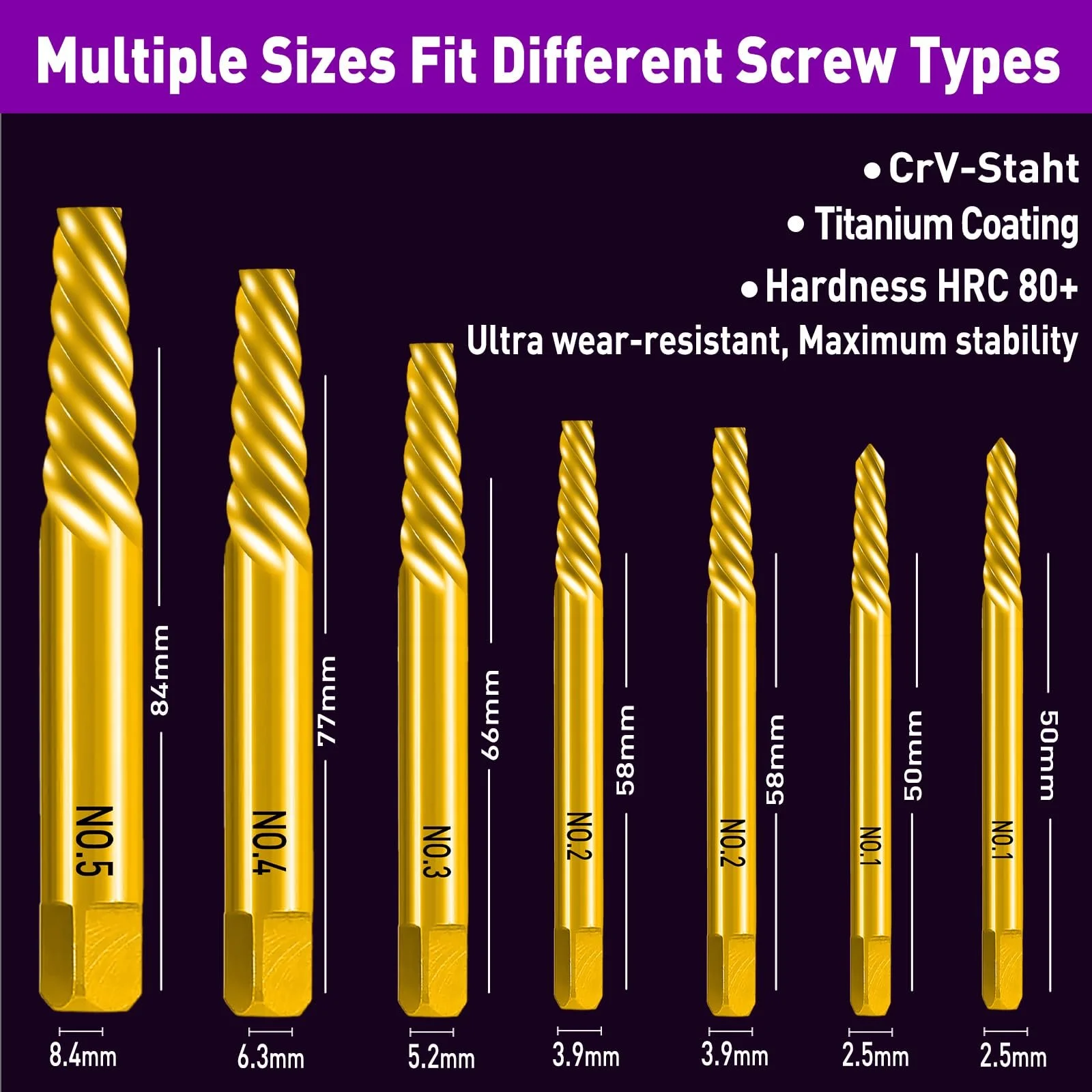 Набір екстракторів для гвинтів 7 шт. Titanium Coated Chrome Vanadium Steel Easy Out, фото №4