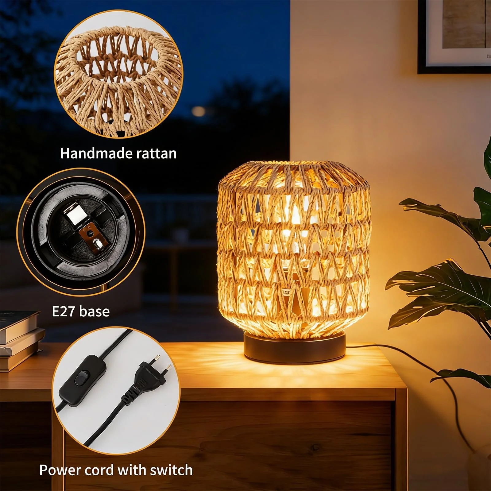 Настільна лампа WILON E27 плетена ротанг 18.5х20 см, фото №3