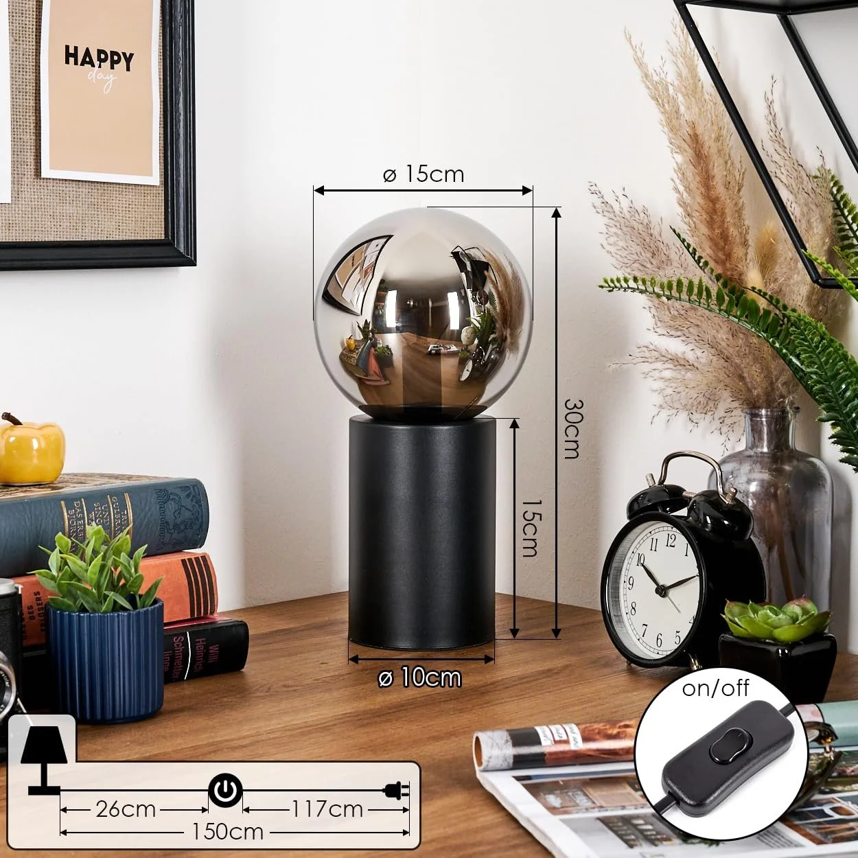 Настільна лампа HOFSTEIN Gastor Металева/Скляна Ретро/Вінтаж Діаметр 15 см E14 Чорна/Хром/Димчаста, фото №4