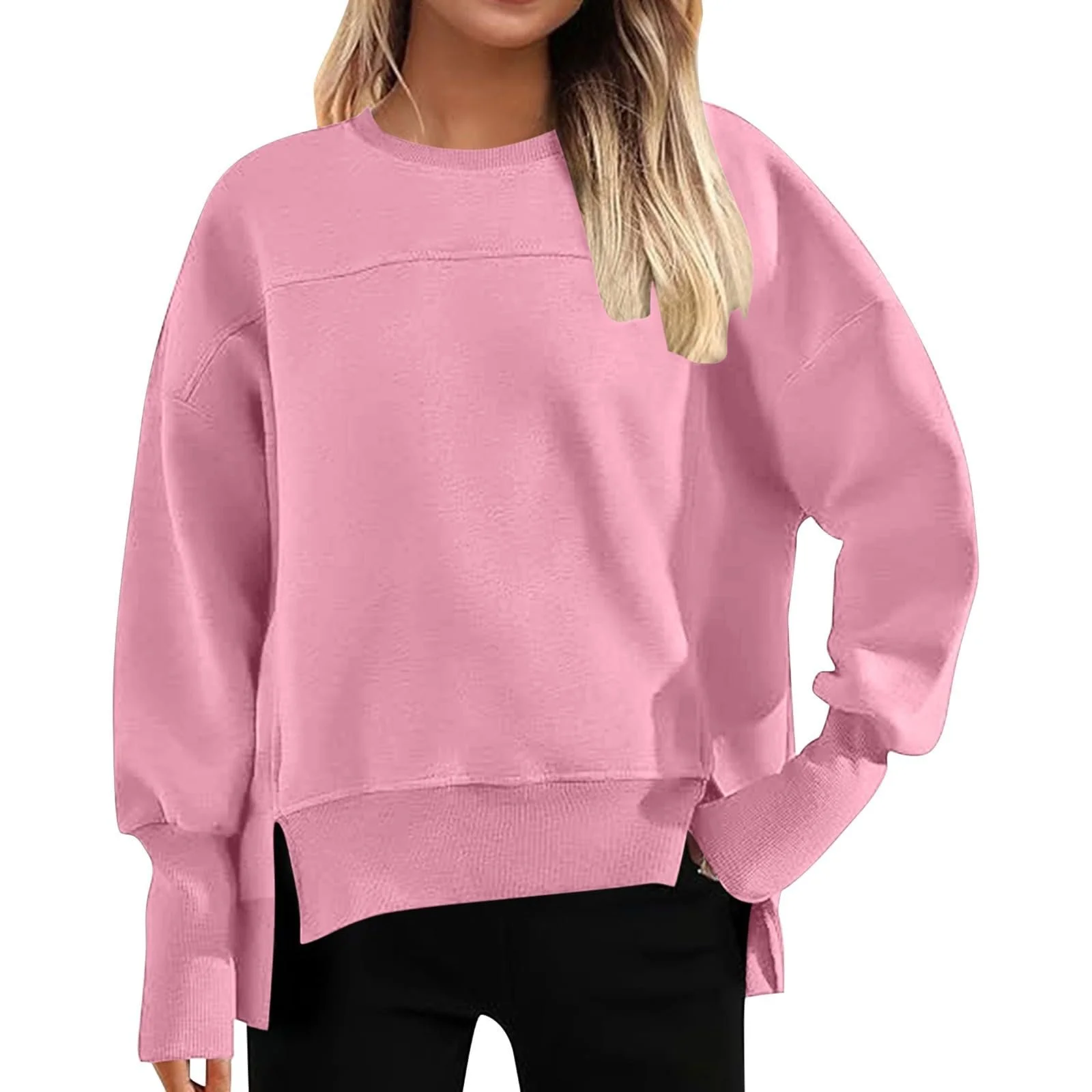 Женская Толстовка 2025 Festive Street Style Casual с круглым вырезом 2024 Осенне-зимняя одежда Длинный рукав Боковой разрез Мягкий Пуловер Удобный, фото №1