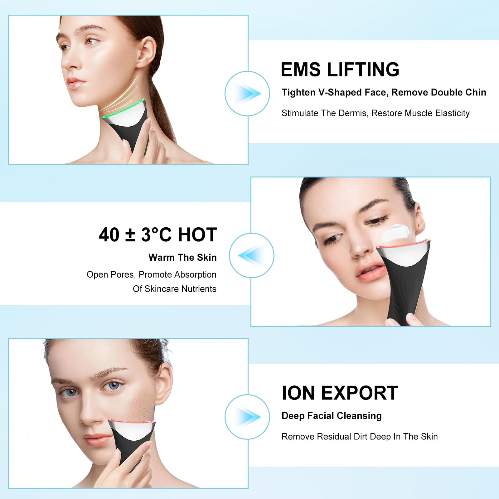 Масажер для обличчя Anti-Ageing 45°C, EMS, 3 режими, для підтяжки шкіри, проти зморшок та другого підборіддя - Чорний, фото №5