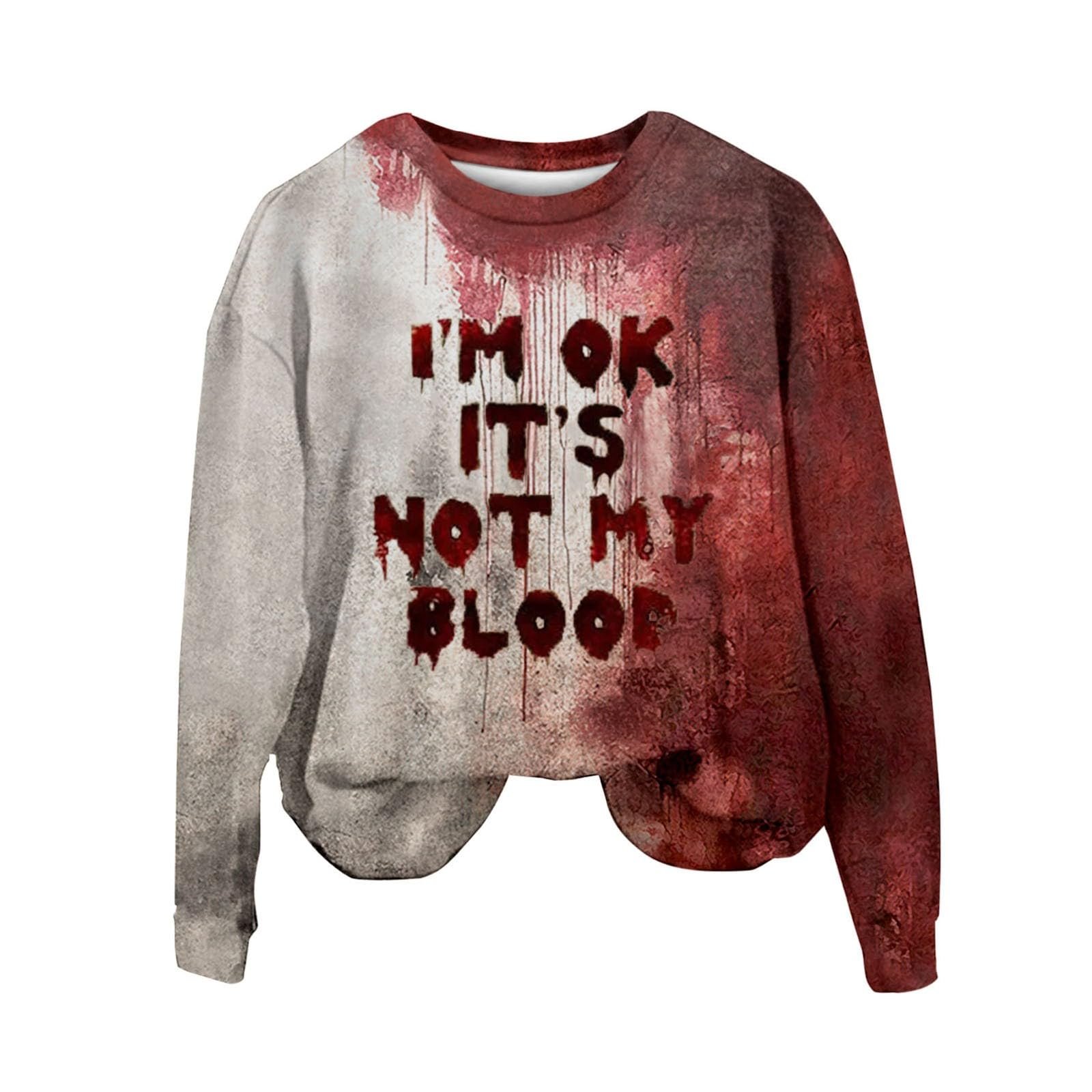 Худи Qixiu Женская Проблема Решена Хэллоуин Длинный Рукав Круглый Вырез Пуловер с Кровавым Узором Кровавые Раны Топы Осенняя Толстовка Хэллоуин, фото №5