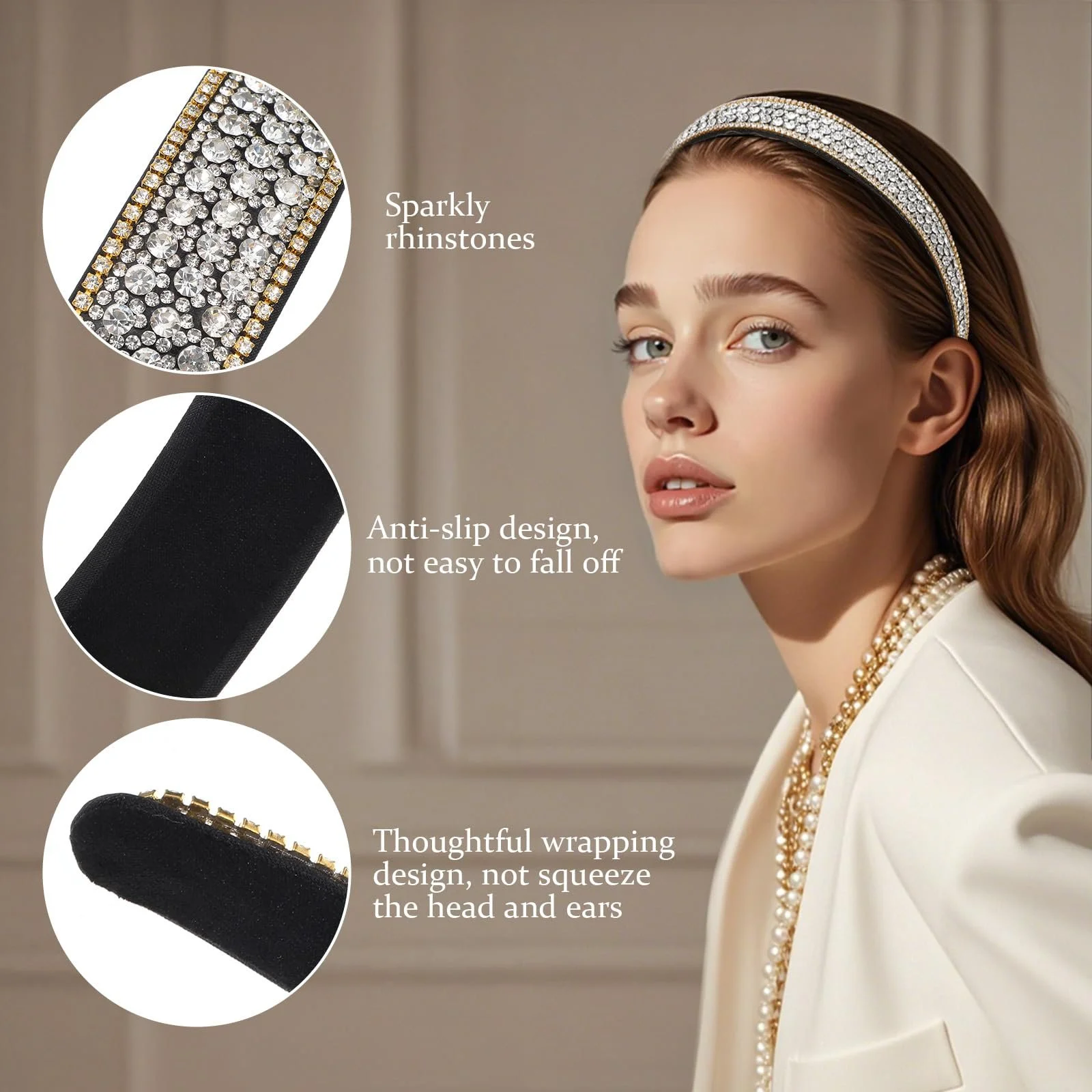 Обруч для волосся широкий зі стразами, фото №3