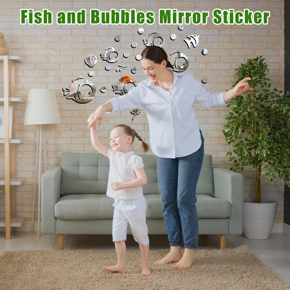 Акрилові дзеркальні наклейки на стіну Cute Fish and Bubbles 30 штук Silver, фото №2