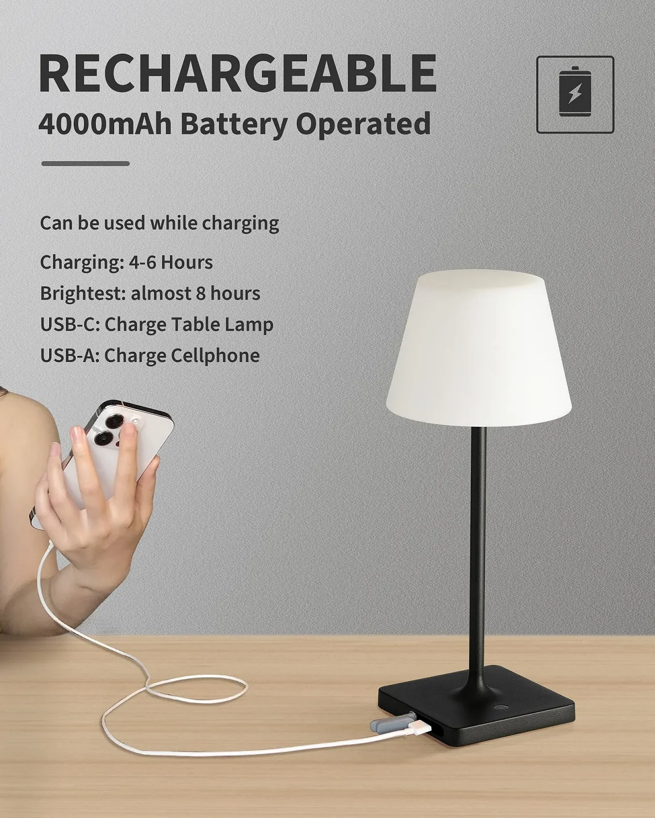 Настільна лампа LED Бездротова з акумулятором 4000 мАг Сенсорна Водонепроникна Чорна, фото №4