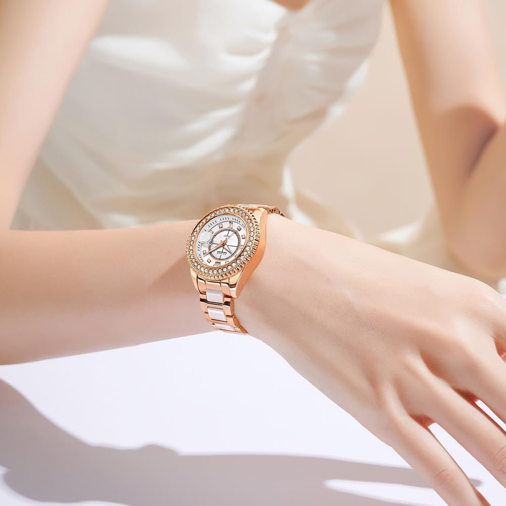Жіночий годинник OLEVS Rose Gold Кераміка Мода Нержавіюча сталь Водонепроникний Дата, фото №3