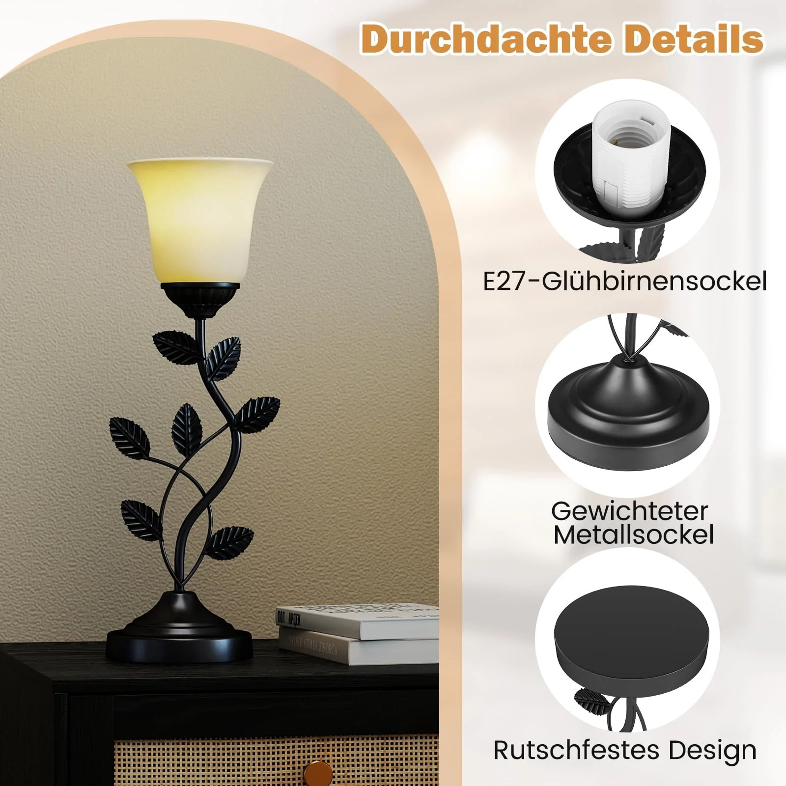 Настільна лампа COSTWAY Flower скляний плафон Тюльпан металеве листя E27, фото №6