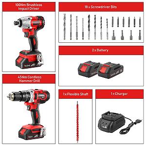 Гайковерт TEENO Ударный 100 Nm Аккумуляторная Дрель Перфоратор 2 аккумулятора 2.0 Ah зарядное устройство 25 аксессуаров 2 инструмента synthetic.ua - Фото 1