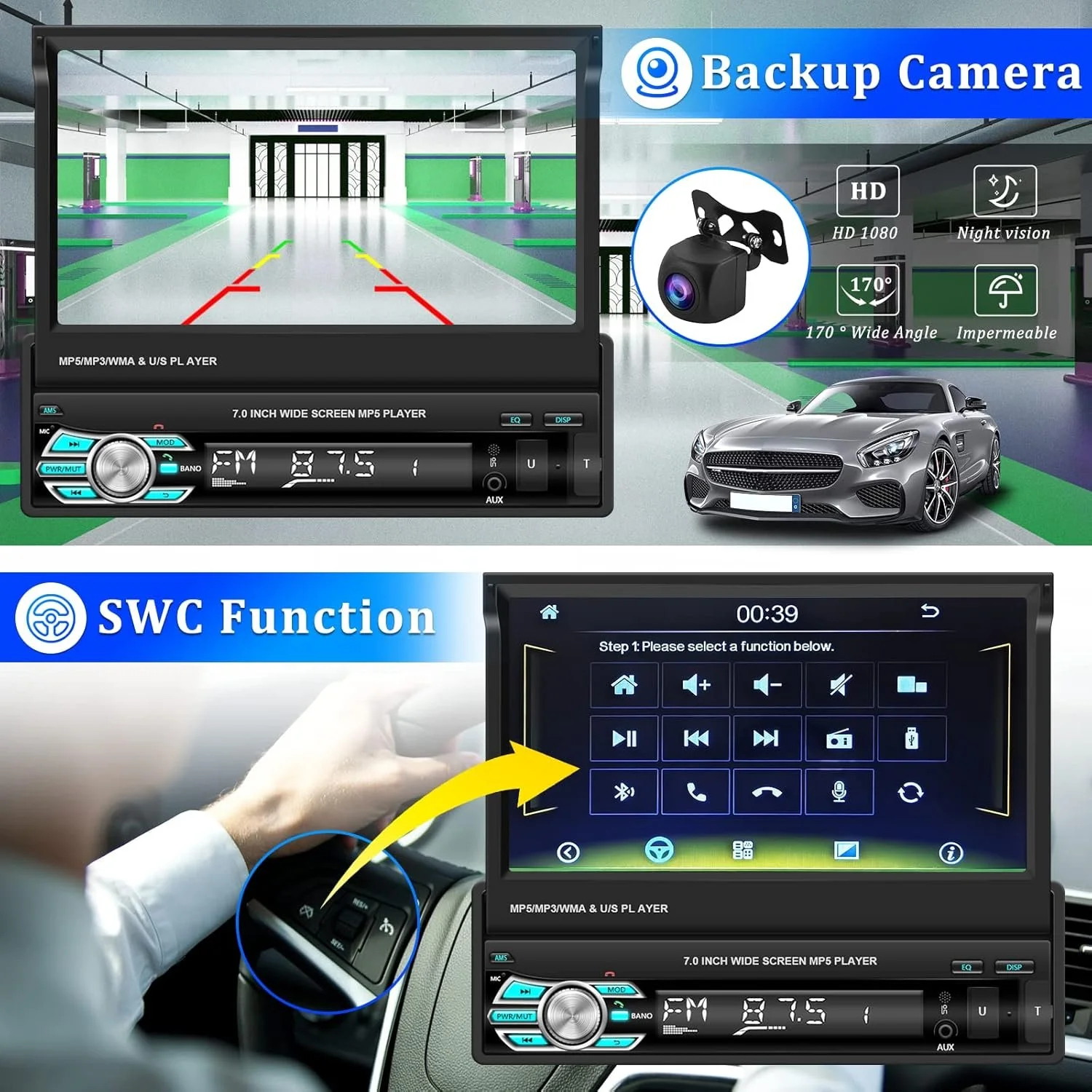 Автомагнітола CAMECHO Q3516A3 / 7" / Сенсорна / Apple CarPlay / Android Auto / Bluetooth / WI-FI / USB / AUX / SD slot / 1DIN, фото №6 Автомагнітола CAMECHO Q3516A3 / 7" / Сенсорна / Apple CarPlay / Android Auto / Bluetooth / WI-FI / USB / AUX / SD slot / 1DIN, фото №6