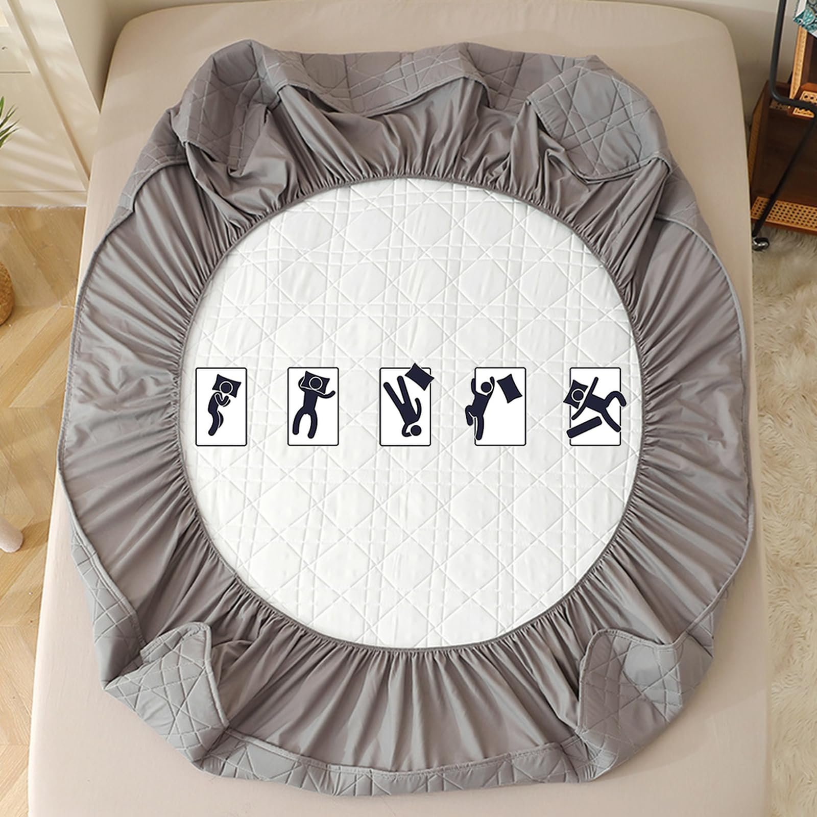 Наматрасник HAIBA 180 x 200 см Серый стеганый простыня с глубоким карманом 30 см, простыня на резинке 2-в-1 из органического хлопка, тихий, подходит для кровати с пружинным блоком, фото №6