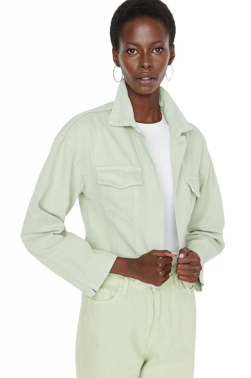 Джинсовая куртка TRENDYOL Стандартная однотонная, фото №2