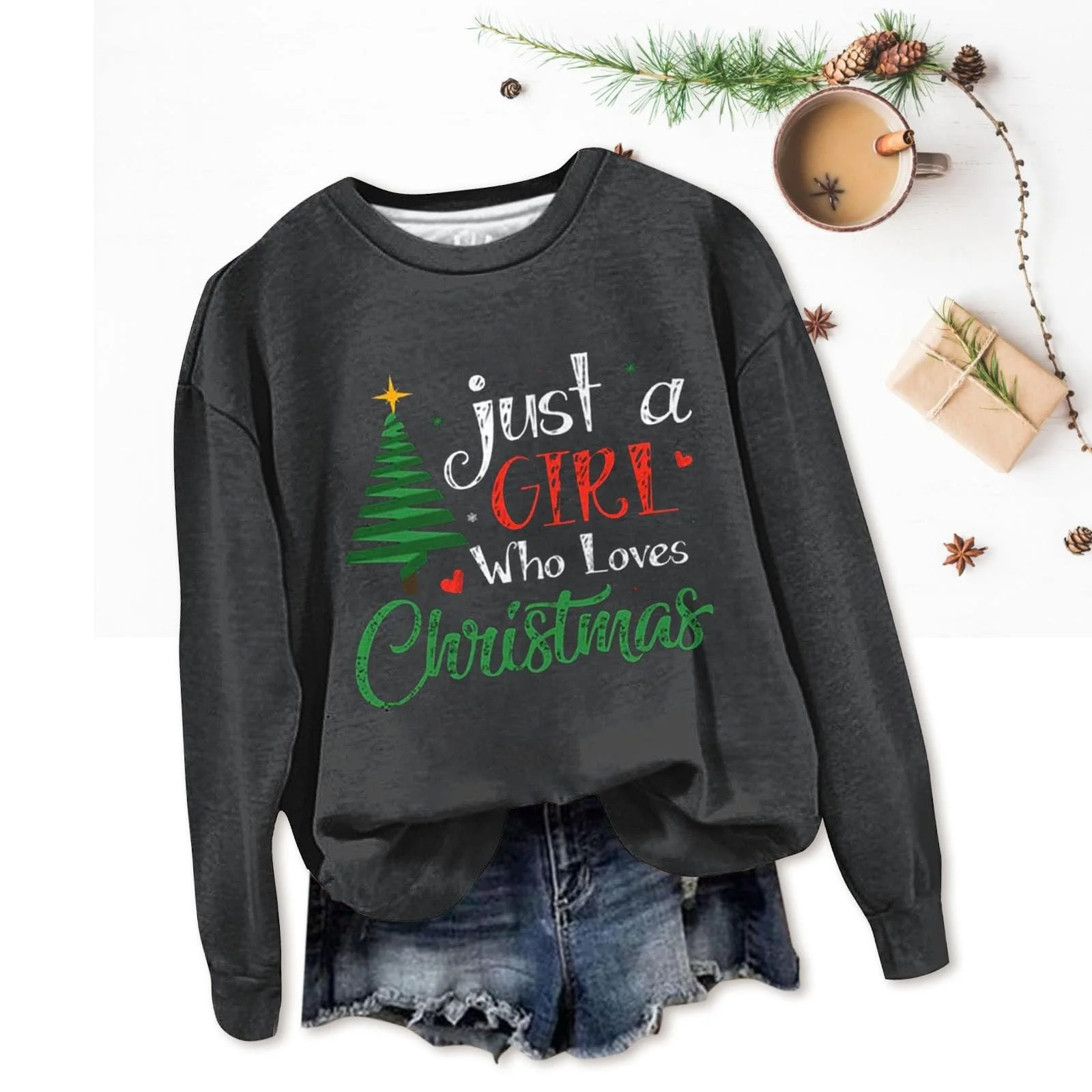 Женский свитшот Просто Девушка, Которая Любит Рождество, Милая Надпись, Графический Длинный Рукав, Рубашка, Круглый Вырез, Худи, Женский Топ, Свитер, фото №3