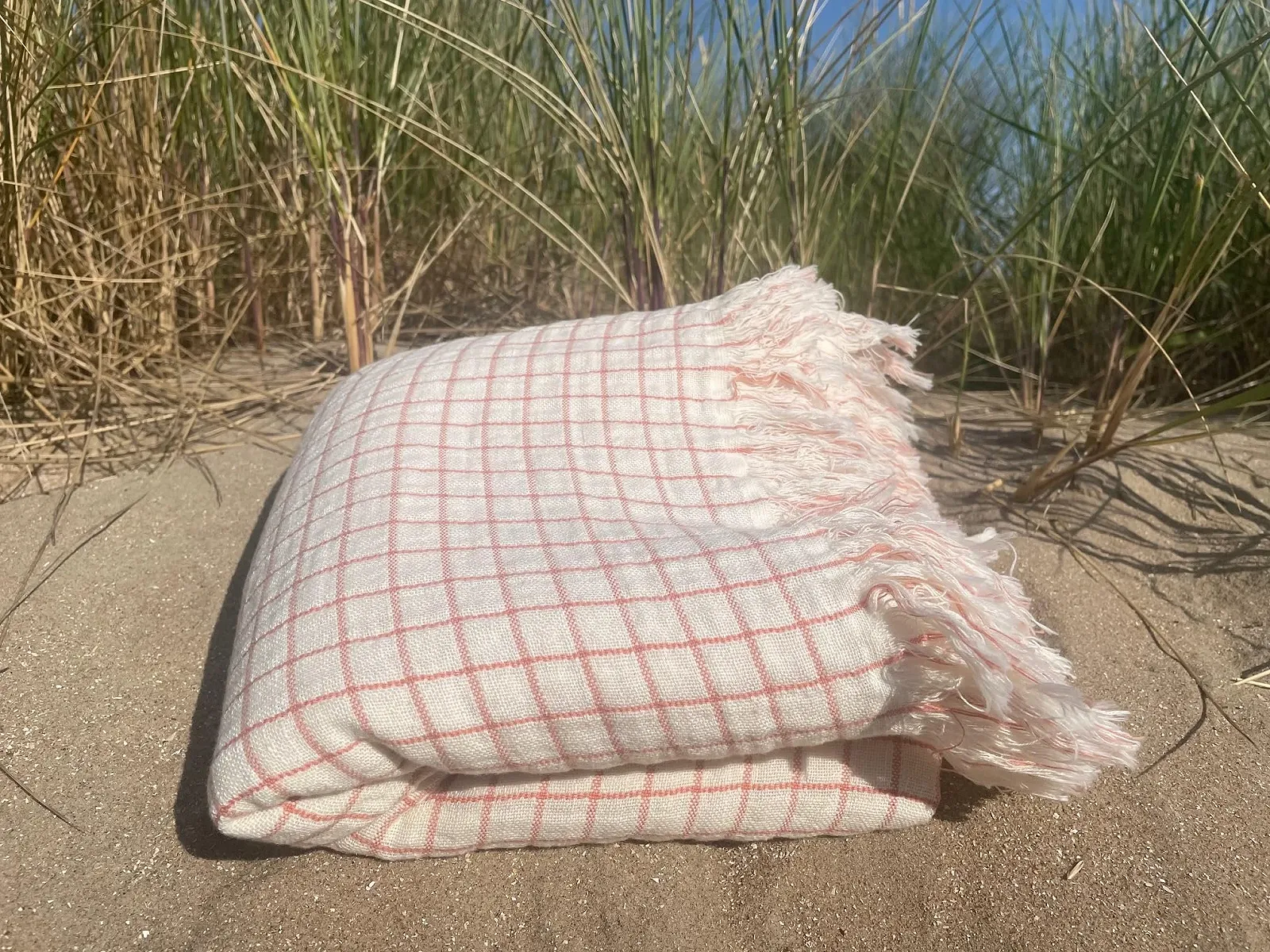 Покривало JOWOLLINA Двостороння клітка Льон Stonewashed (Брудний білий/Рожевий, 148 x 210 см), фото №4