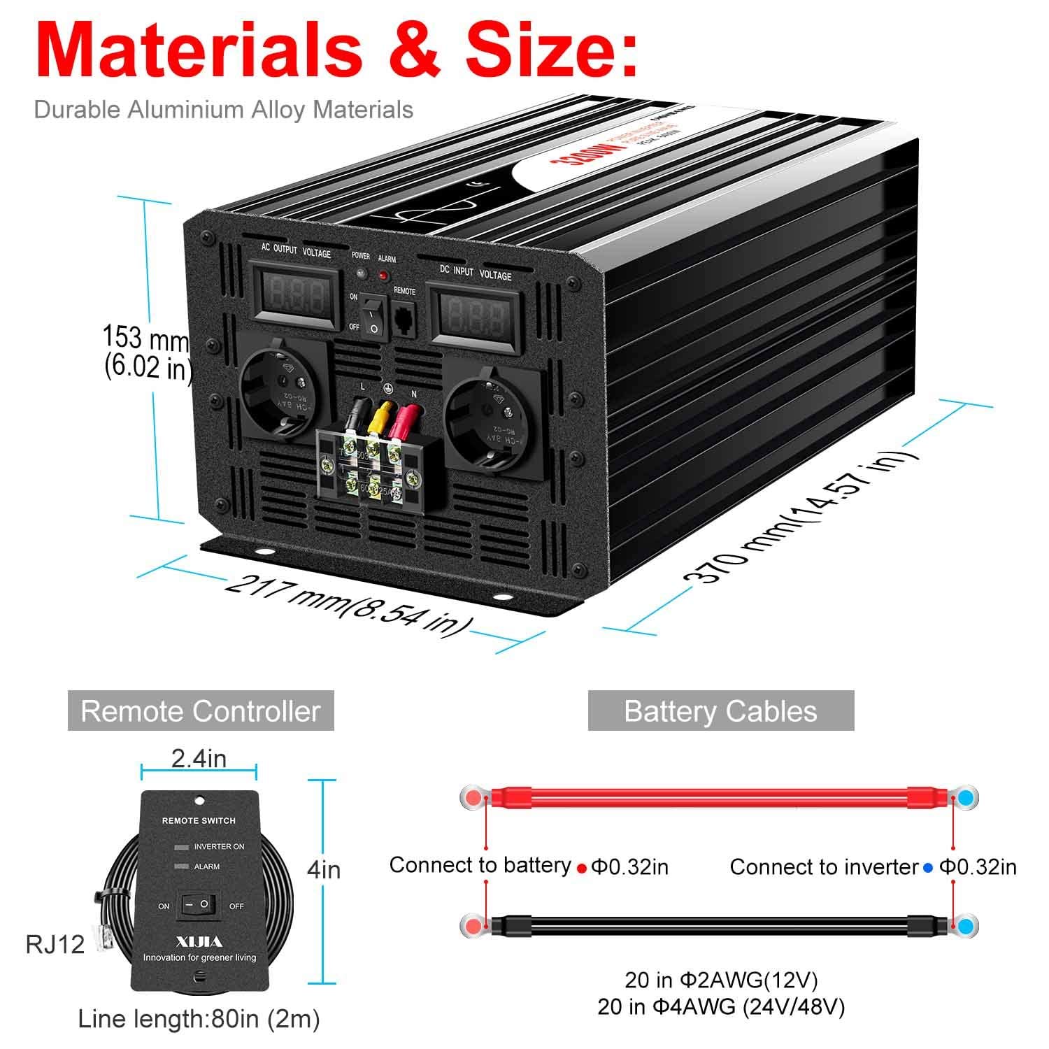 Инвертор Xijia Мощность 3200 Вт (Пиковая 6400 Вт) Чистая синусоида DC 12 V 24 V 48 V AC 220 V 230 V 50 Hz Солнечный Черный, фото №5
