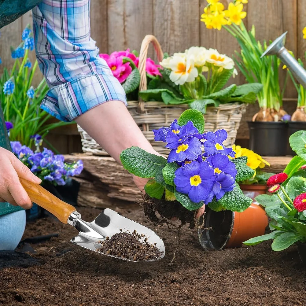 Лопатка для квітів Міні Лопатка для рослин з відміткою глибини вимірювання Ручна лопата з нержавіючої сталі для посадки та пересадки Дерев'яна ручка Мала садова лопатка, фото №5