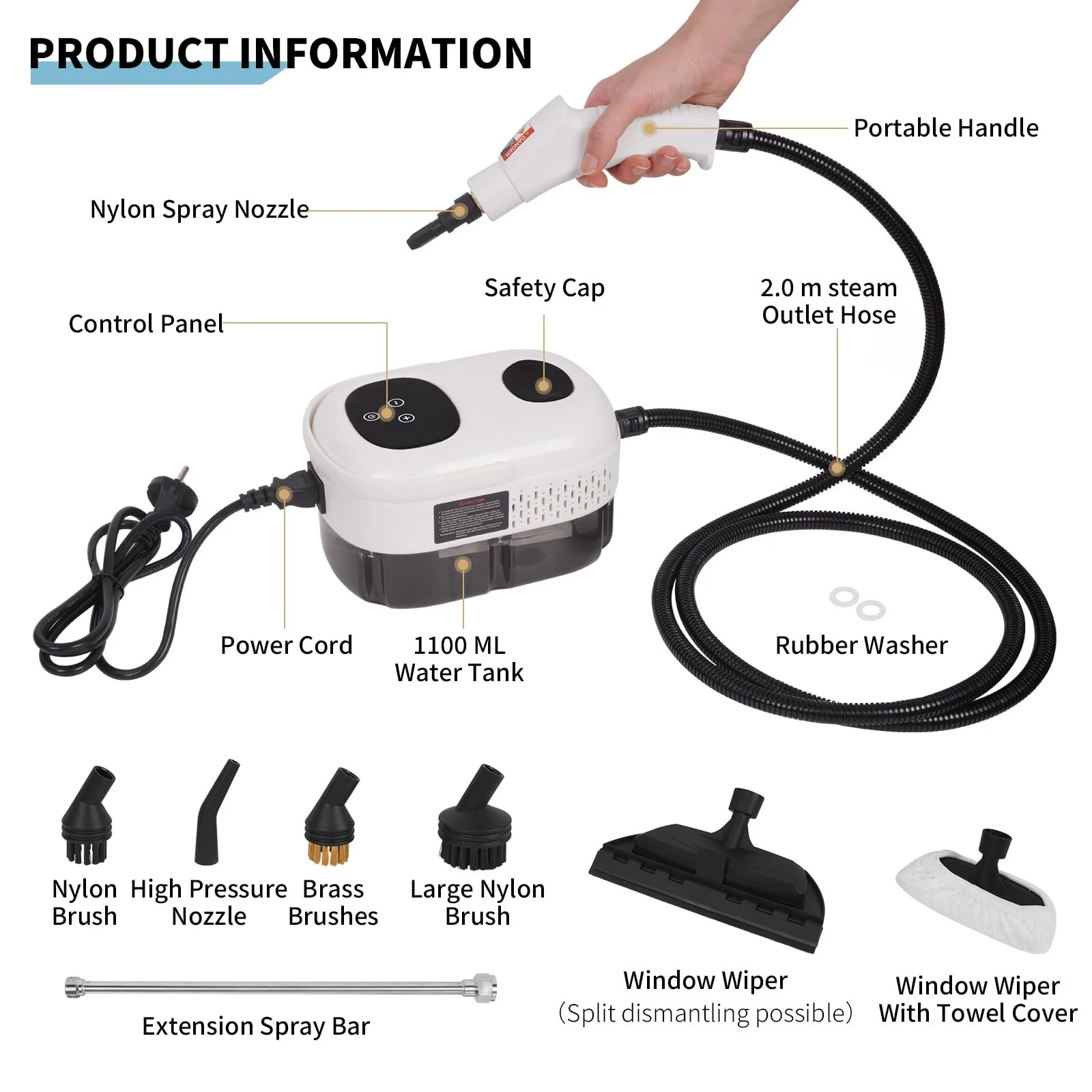 Пароочисник ручний 2500 W 1000 ml 6 швидкостей 5 типів щіток для кухні меблів підлоги ванної та авто вікон, фото №9 Пароочисник ручний 2500 W 1000 ml 6 швидкостей 5 типів щіток для кухні меблів підлоги ванної та авто вікон, фото №9