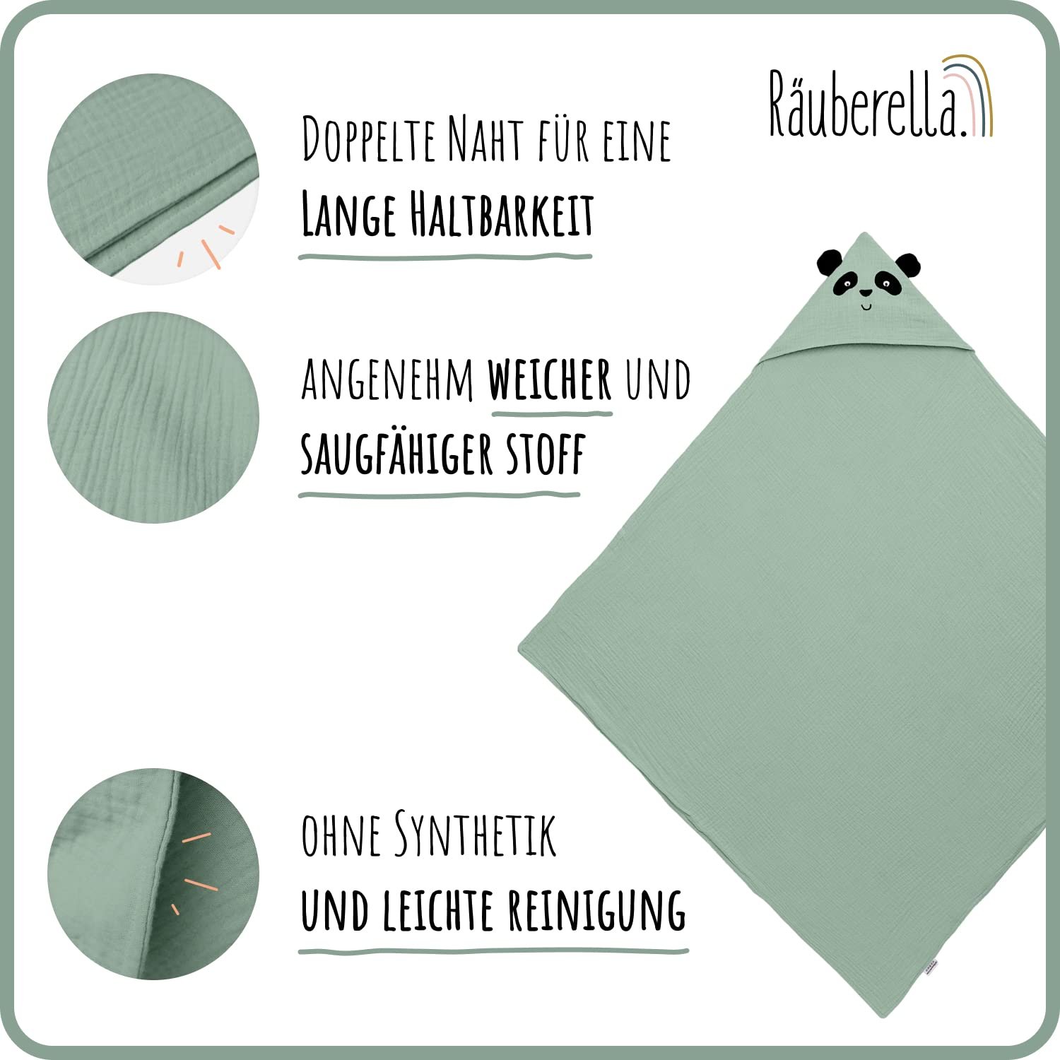 Рушник з капюшоном Räuberella Panda дитячий м'ятний 80 x 80 см, мусліновий рушник для ванни дитячий зі 100% органічної бавовни, абсорбуючий дитячий рушник з капюшоном, рушник для ванни, включаючи подарункову упаковку, фото №5