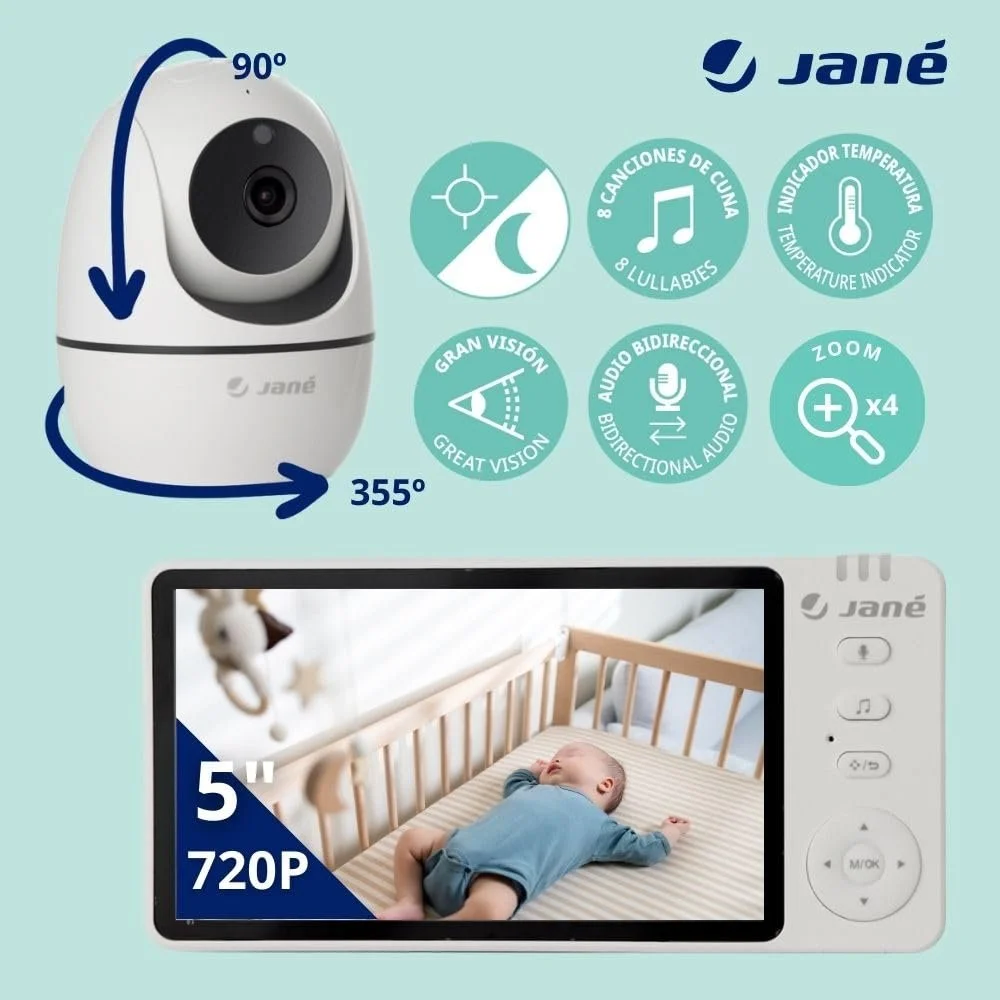 Дитяча відеоняня з монітором 5'' Jané Eye Pro з поворотною камерою енергозберігаючим акумулятором Wi-Fi Білий, фото №2 Дитяча відеоняня з монітором 5'' Jané Eye Pro з поворотною камерою енергозберігаючим акумулятором Wi-Fi Білий, фото №2