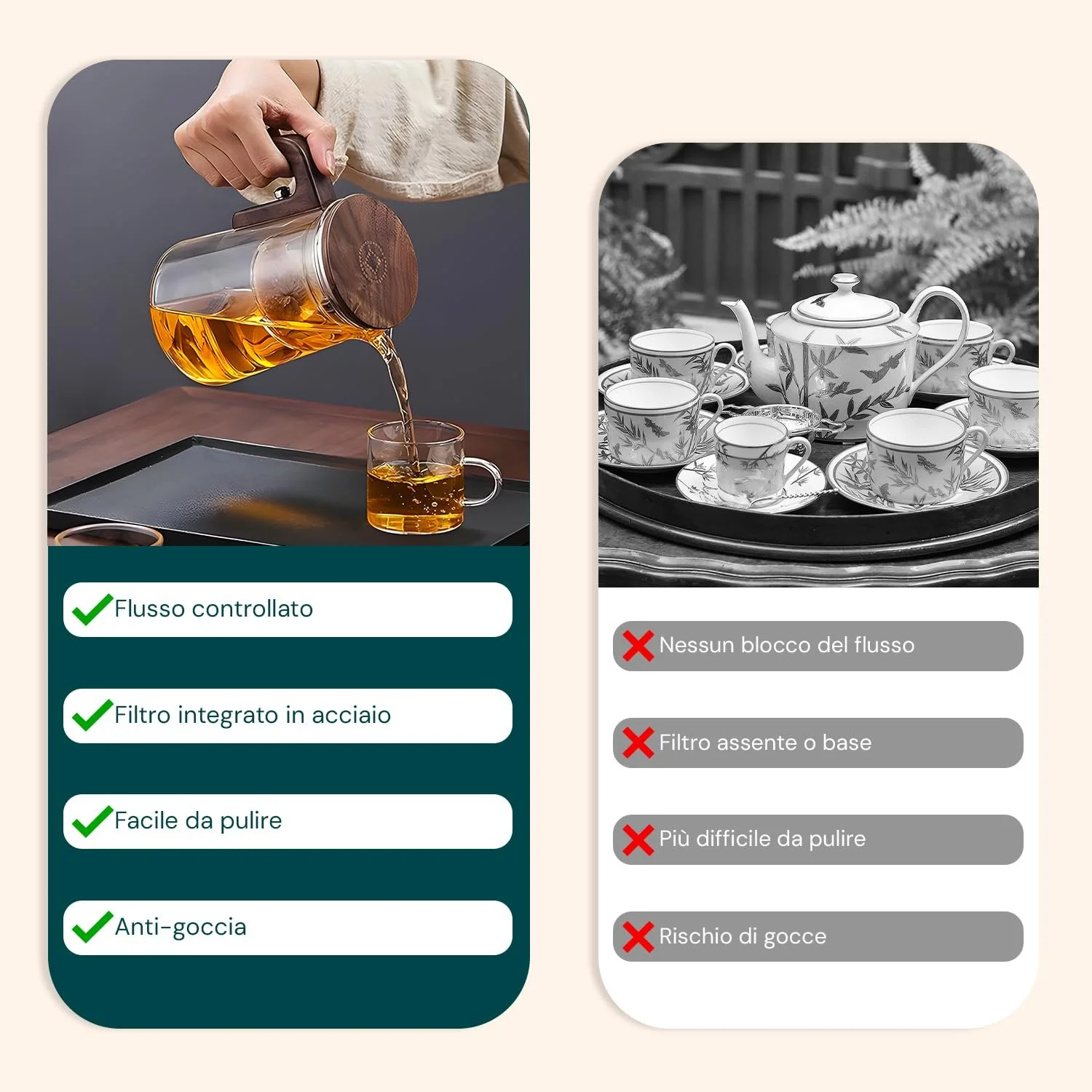 Чайник-заварник Скляний Wintem з фільтром 600/800мл з дерев'яною ручкою, вбудований фільтр для чаю та трав'яного чаю, герметична кришка, фото №5