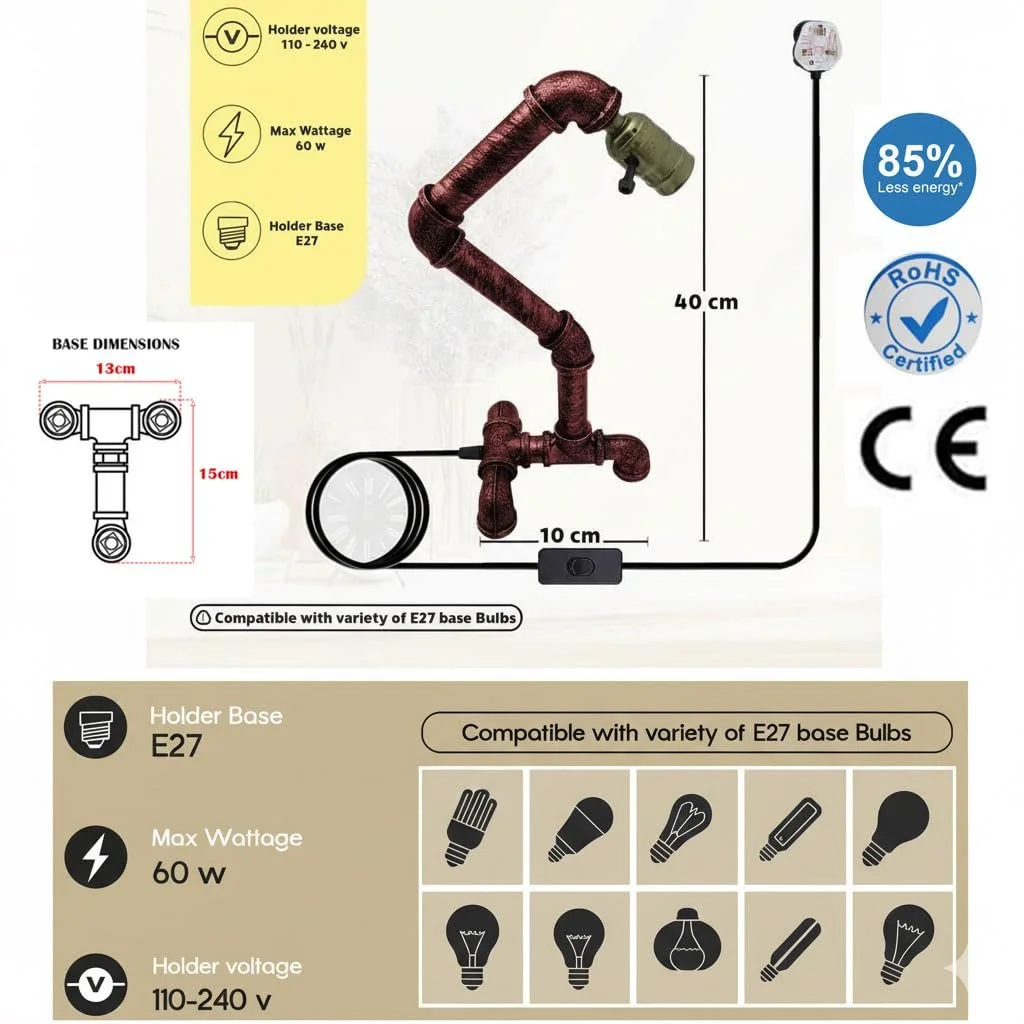 Настільна лампа LEDSone Steampunk E27 Brushed Copper, фото №2