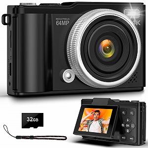 Цифровая камера 4K 64MP, с картой памяти TF 32 ГБ, экраном с поворотом на 180
									градусов, автофокусировкой, макро-функцией и 16-кратным цифровым зумом, компактная камера с USB-кабелем - Фото 1
