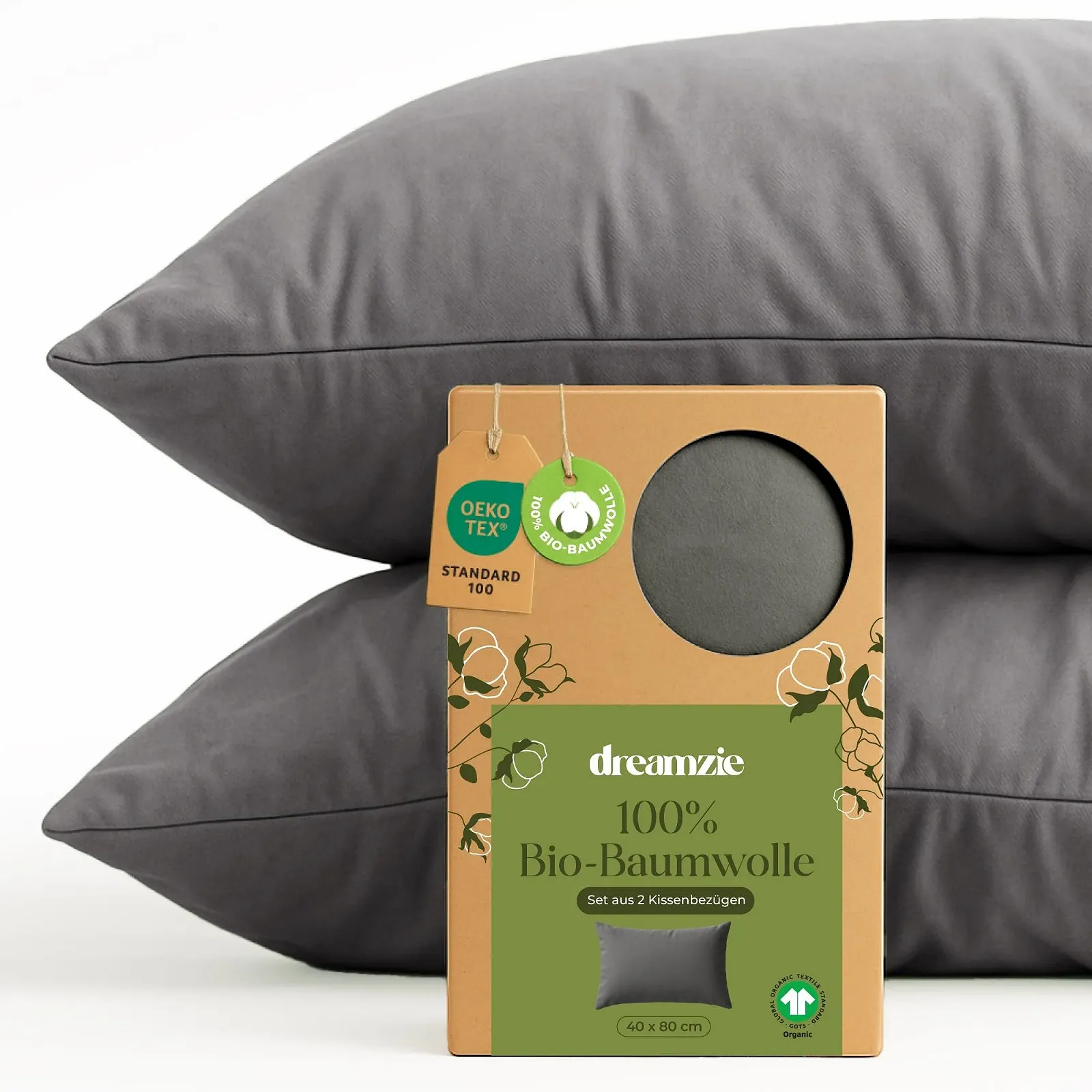 Наволочка Dreamzie Organic Cotton 40 x 80 см, комплект 2 шт, Антрацит, фото №1 Наволочка Dreamzie Organic Cotton 40 x 80 см, комплект 2 шт, Антрацит, фото №1