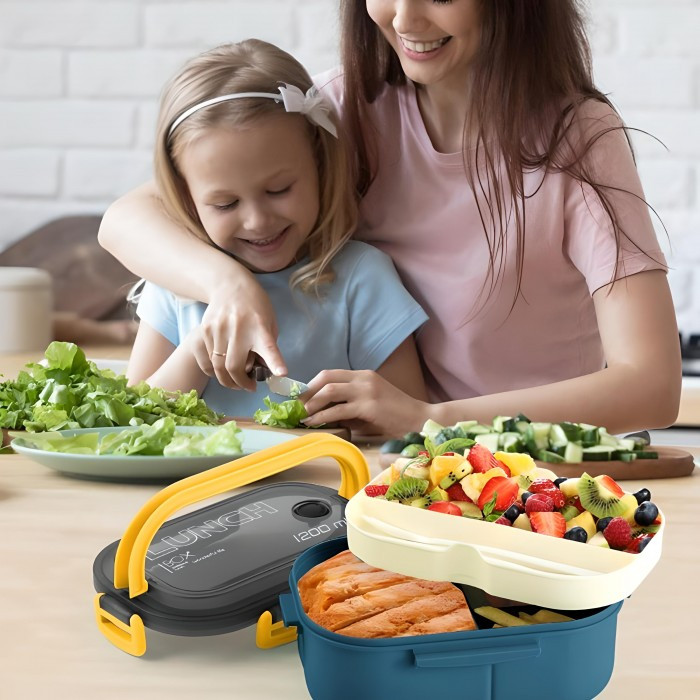 Пластиковый двошаровый ланч бокс с приборами Wonder 1200 мл зеленый, фото №5