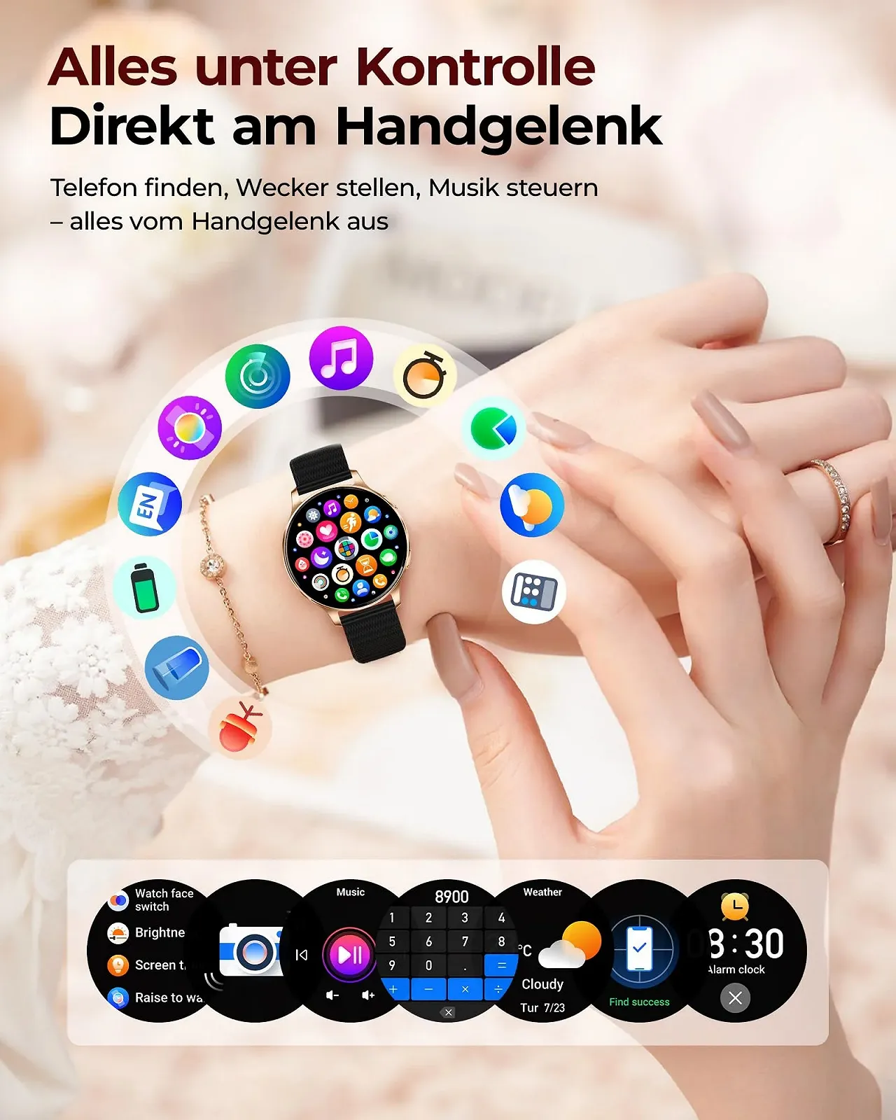 Жіночий Смарт-годинник Круглий Чорний Золотий, фото №8