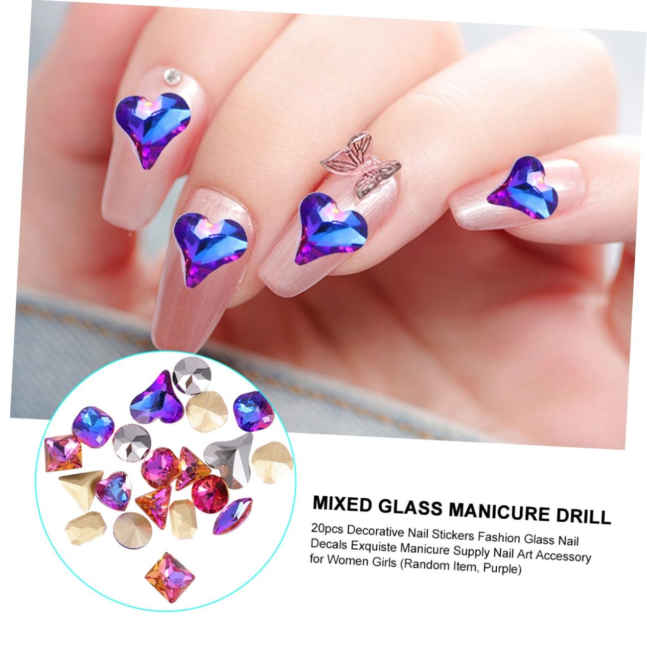 Наклейки скляні WOONEKY 20 шт. Аксесуари для самоклеючі декорації для творчого нейл-арту для жінок та дівчат, випадкові дизайни, фото №7