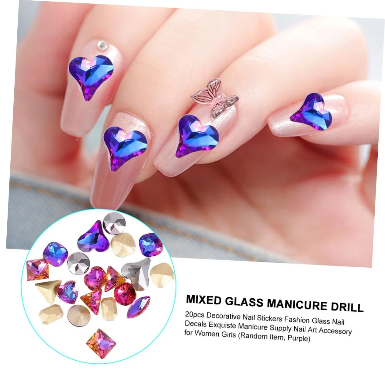 Наклейки скляні WOONEKY 20 шт. Аксесуари для самоклеючі декорації для творчого нейл-арту для жінок та дівчат, випадкові дизайни, фото №7