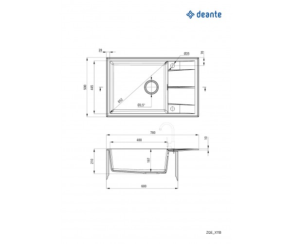 Deante Мийка кухонна Eridan граніт прямокут з крилом 780х500х210мм чаша 1 накладна антрацит, фото №2