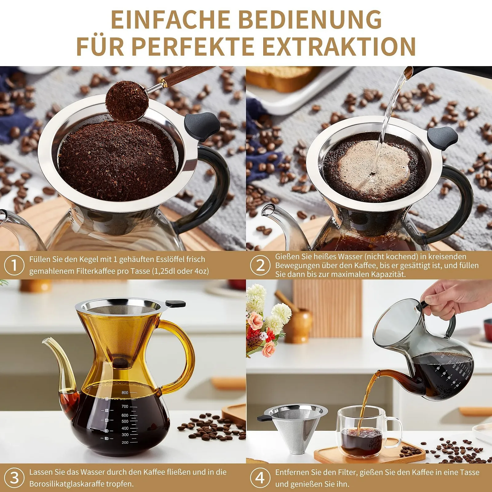 Кавник Pour Over MESNEY 800 мл, скляний кавник з фільтром з нержавіючої сталі, багаторазовий фільтр, фото №4