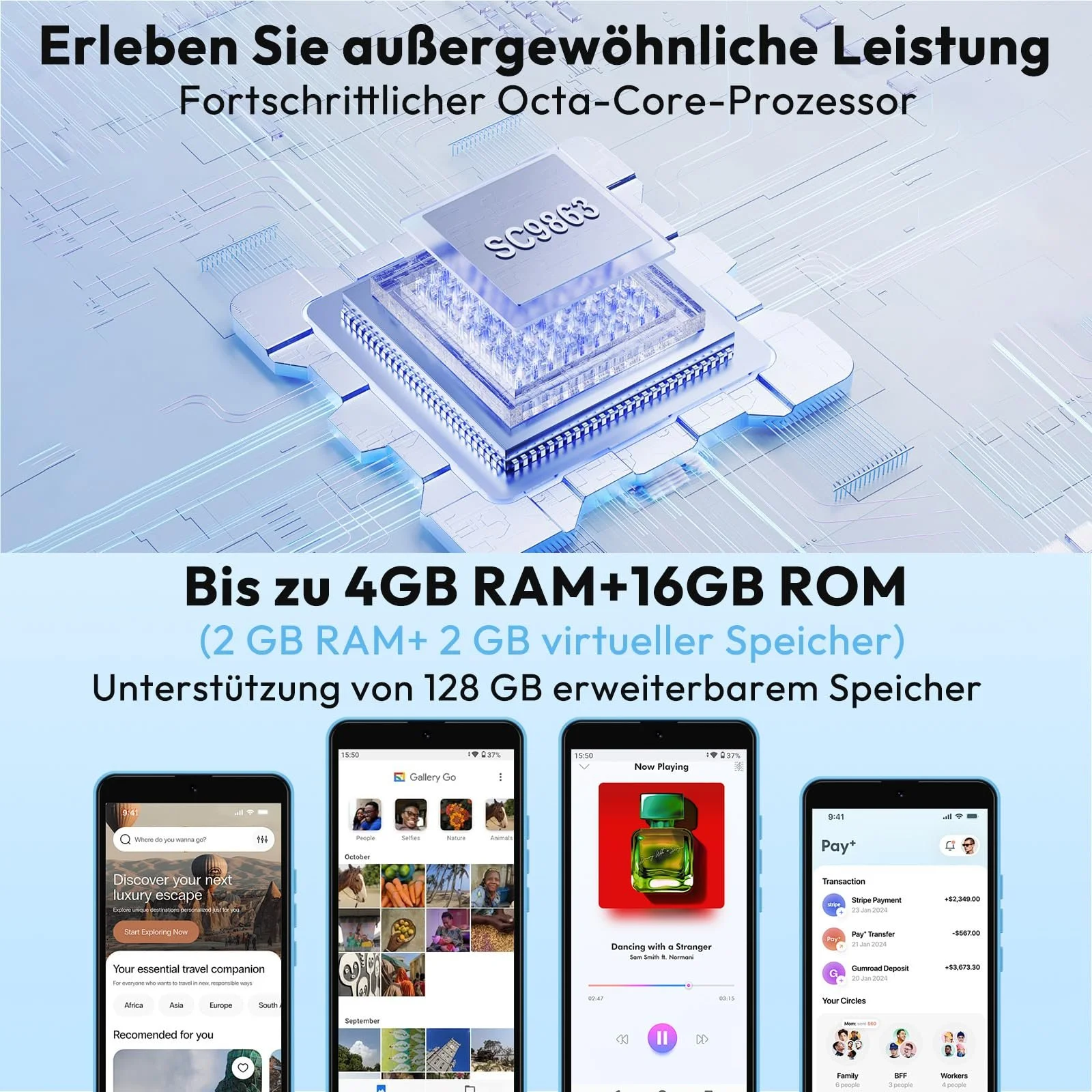Смартфон XGODY X32 5,5" 2GB + 16GB Octa-Core Android 14 Go 4G Dual SIM 8MP + 5MP 2850 мАч Face ID GPS Синий, фото №5