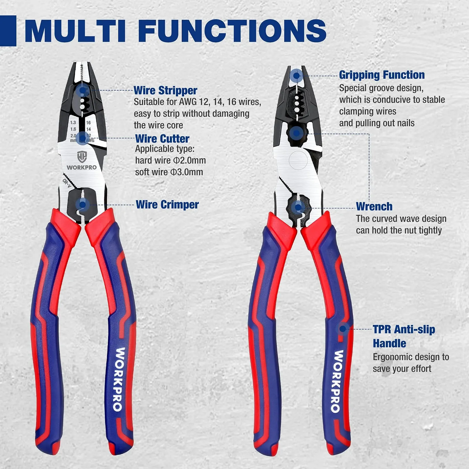 Комбіновані плоскогубці WORKPRO 200 мм Багатофункціональні комбіновані плоскогубці зі знімачем ізоляції / інструментом для обтиску дротів / кусачками для різання, зачистки та обтиску кабелю для майстерні, дому, фото №3 Комбіновані плоскогубці WORKPRO 200 мм Багатофункціональні комбіновані плоскогубці зі знімачем ізоляції / інструментом для обтиску дротів / кусачками для різання, зачистки та обтиску кабелю для майстерні, дому, фото №3