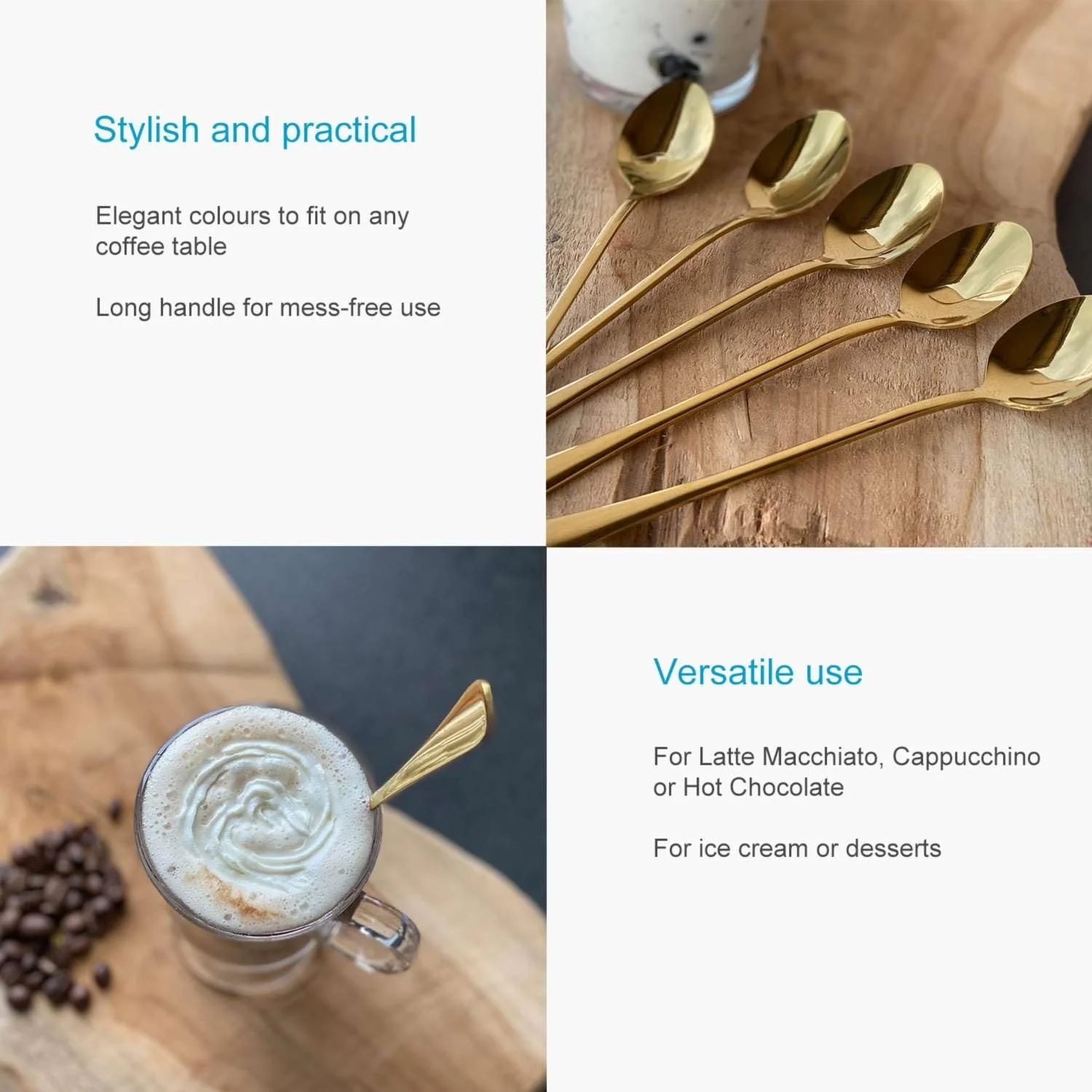 Ложка для лате мак'ято Набір з 6 штук Золотистий, нержавіюча сталь, 19 см, фото №3